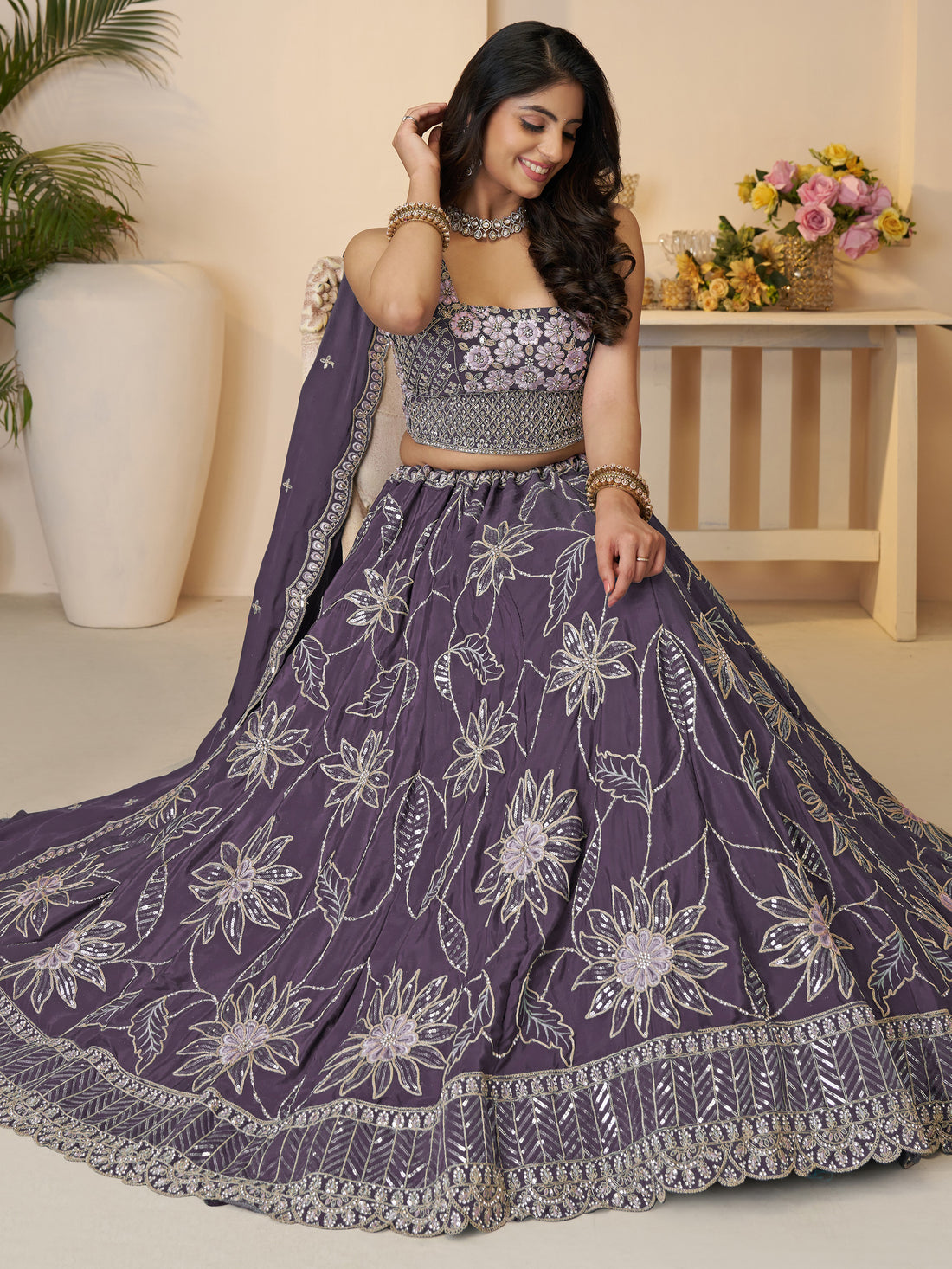 Fabulous Purple Thread Work Satin Engagement Wear Lehenga Choli