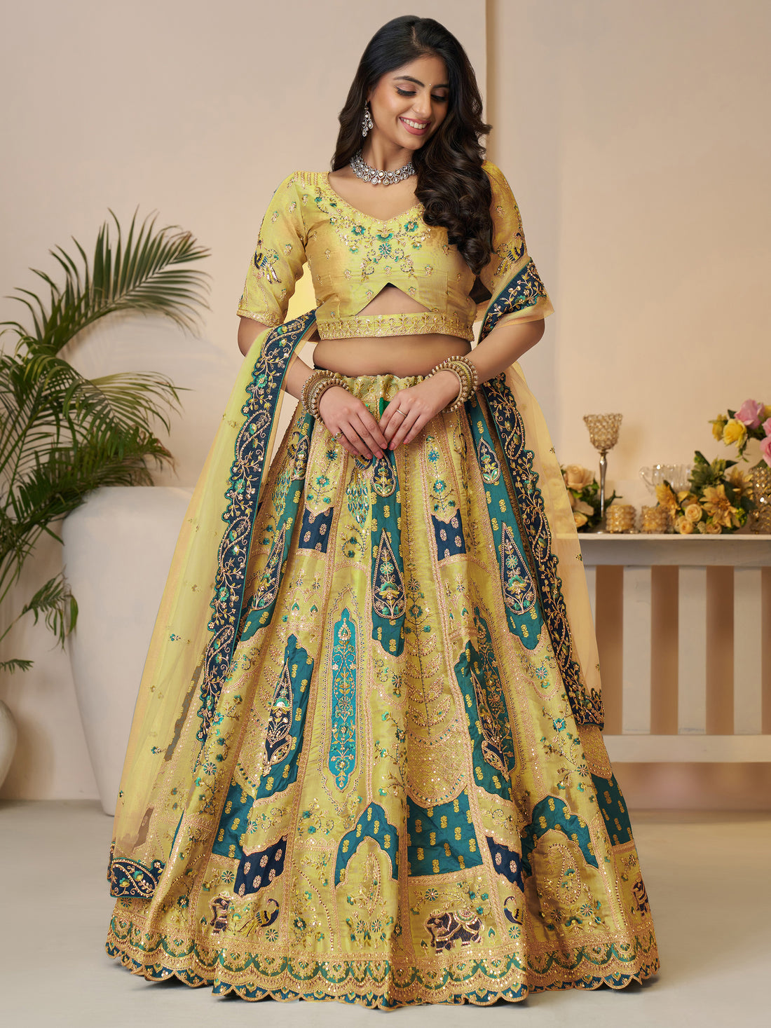 Charming Yellow Patch Work Banarasi Silk Wedding Wear Lehenga Choli