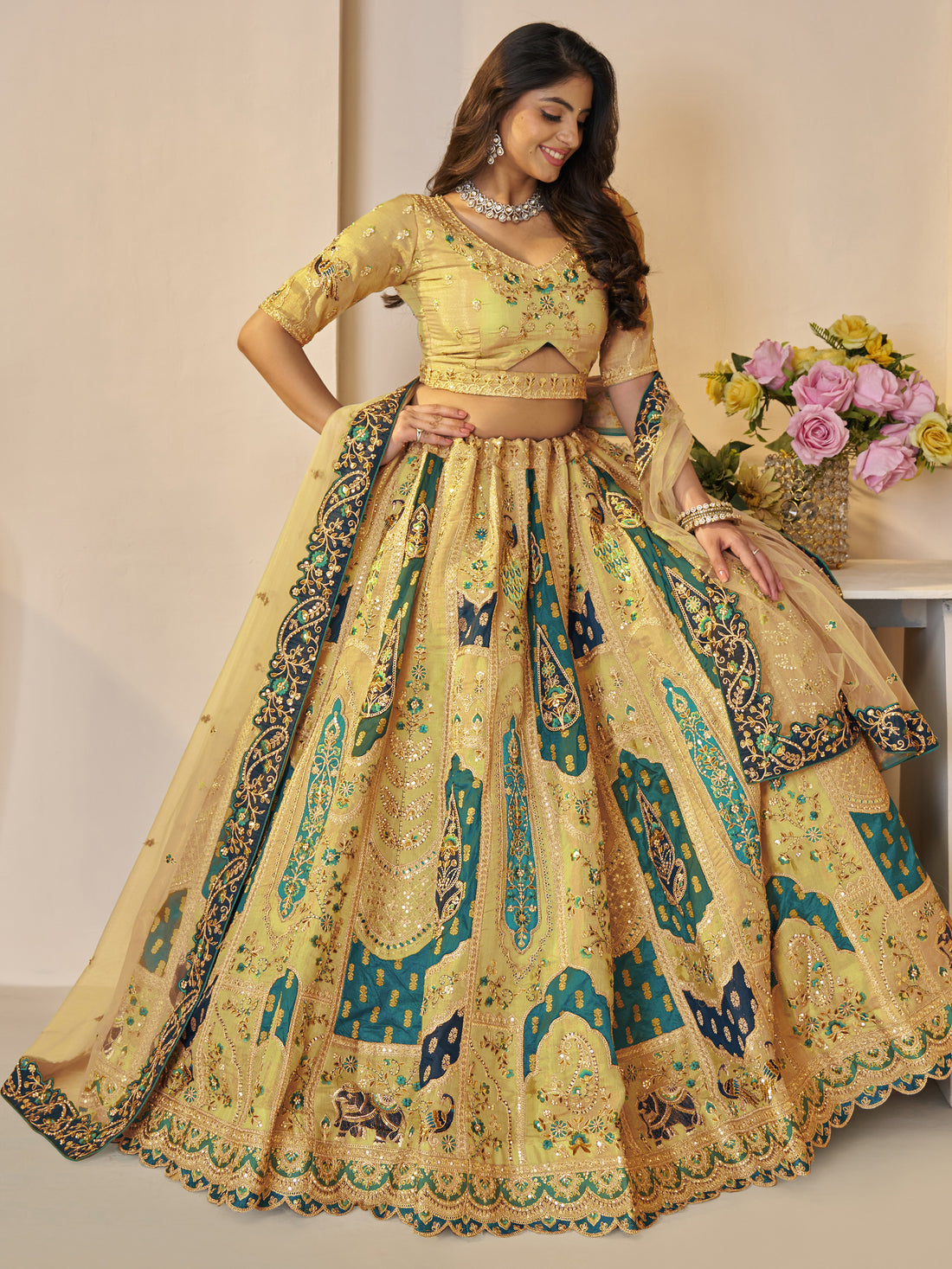 Charming Yellow Patch Work Banarasi Silk Wedding Wear Lehenga Choli