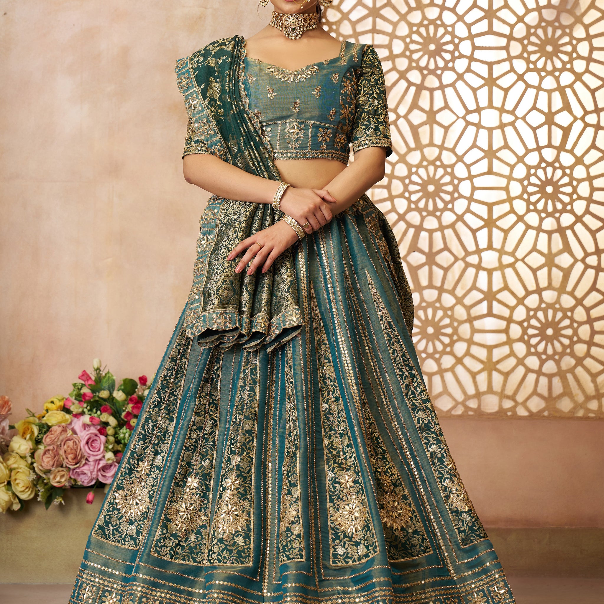 Glamorous Green Zari Embroidered Tissue Silk Bridesmaid Lehenga Choli