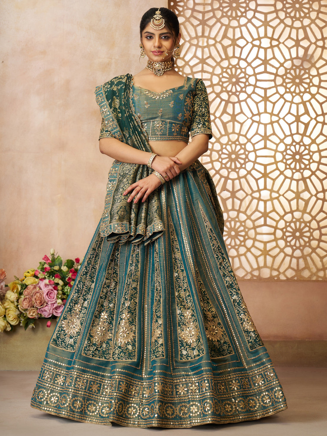 Glamorous Green Zari Embroidered Tissue Silk Bridesmaid Lehenga Choli