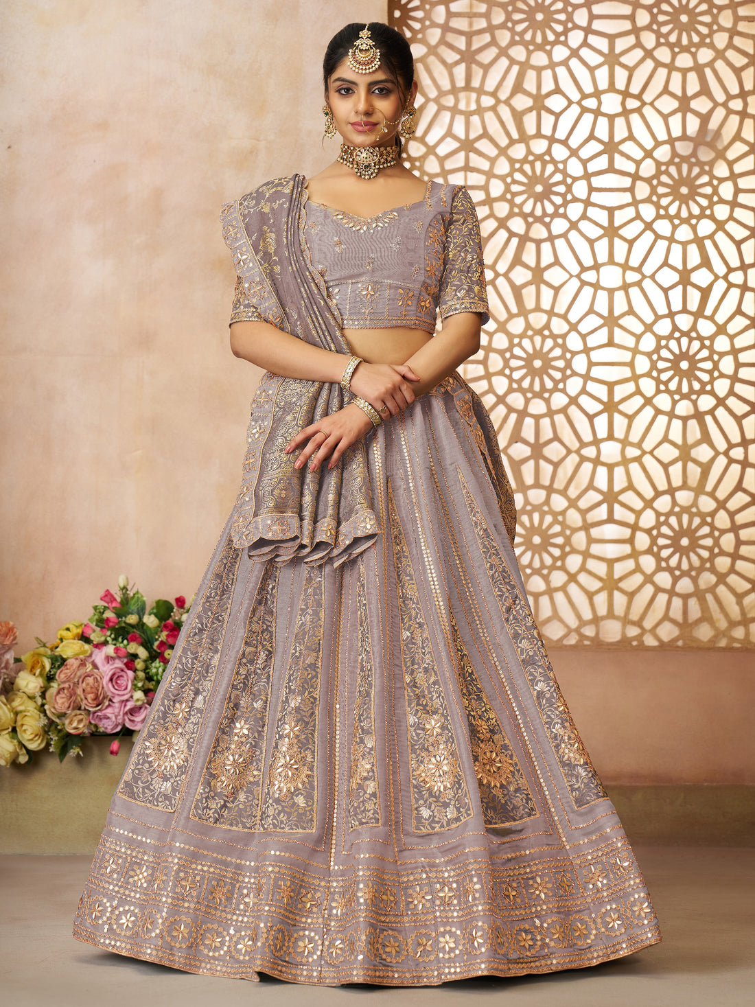 Wonderful Lilac Zari Embroidered Tissue Silk Wedding Lehenga Choli
