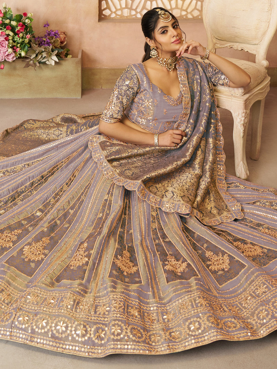 Wonderful Lilac Zari Embroidered Tissue Silk Wedding Lehenga Choli