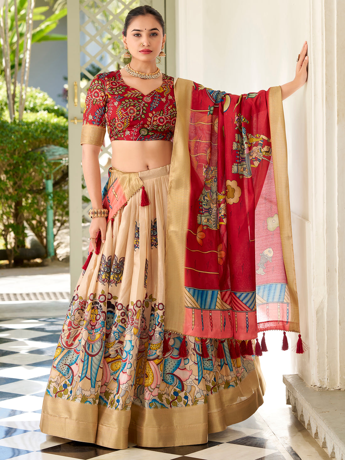 Precious Cream Kalamkari Printed Dola Silk Traditional Lehenga Choli
