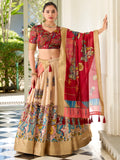 Precious Cream Kalamkari Printed Dola Silk Traditional Lehenga Choli