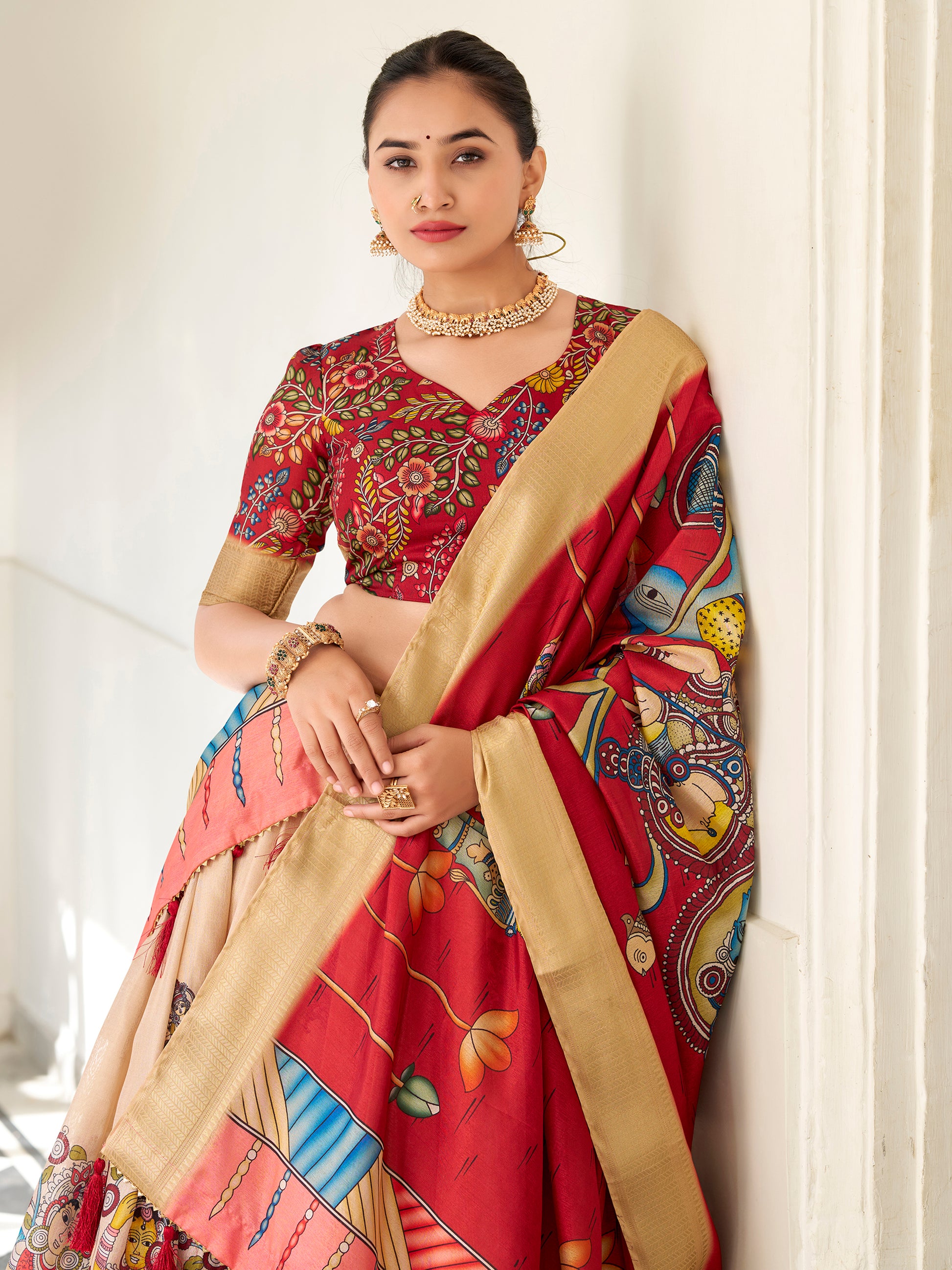 Precious Cream Kalamkari Printed Dola Silk Traditional Lehenga Choli