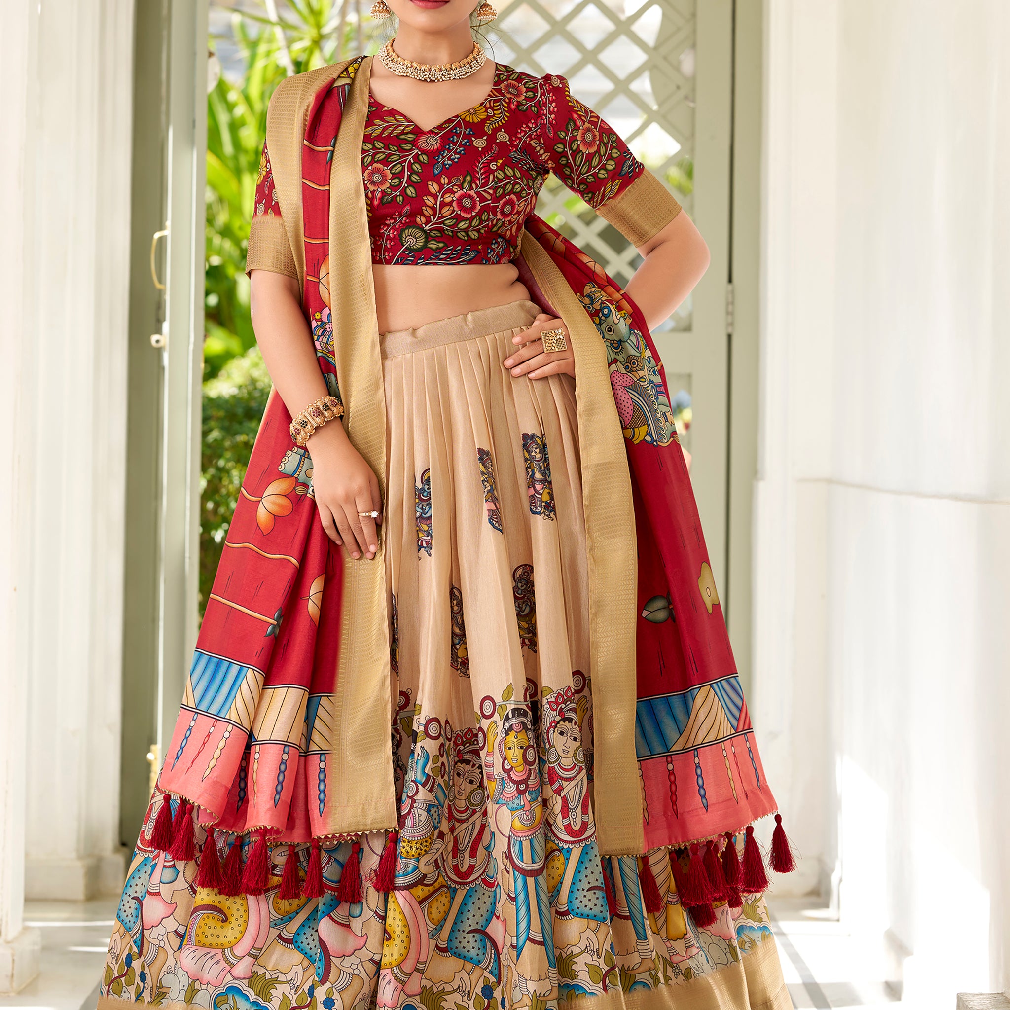 Precious Cream Kalamkari Printed Dola Silk Traditional Lehenga Choli