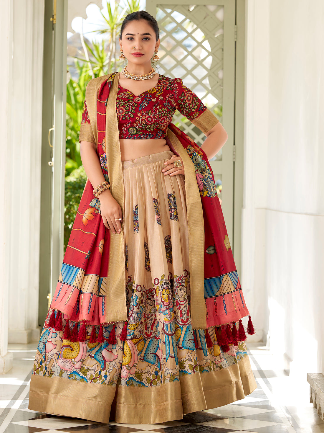 Precious Cream Kalamkari Printed Dola Silk Traditional Lehenga Choli