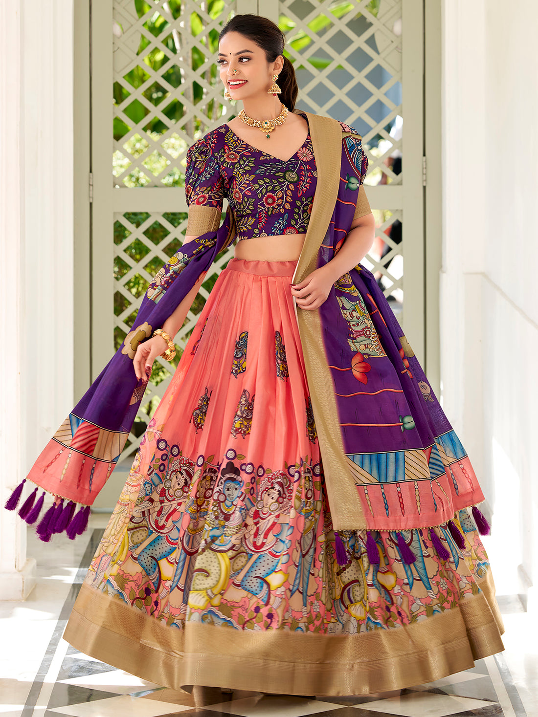Special Peach Kalamkari Printed Silk Festival Wear Lehenga Choli