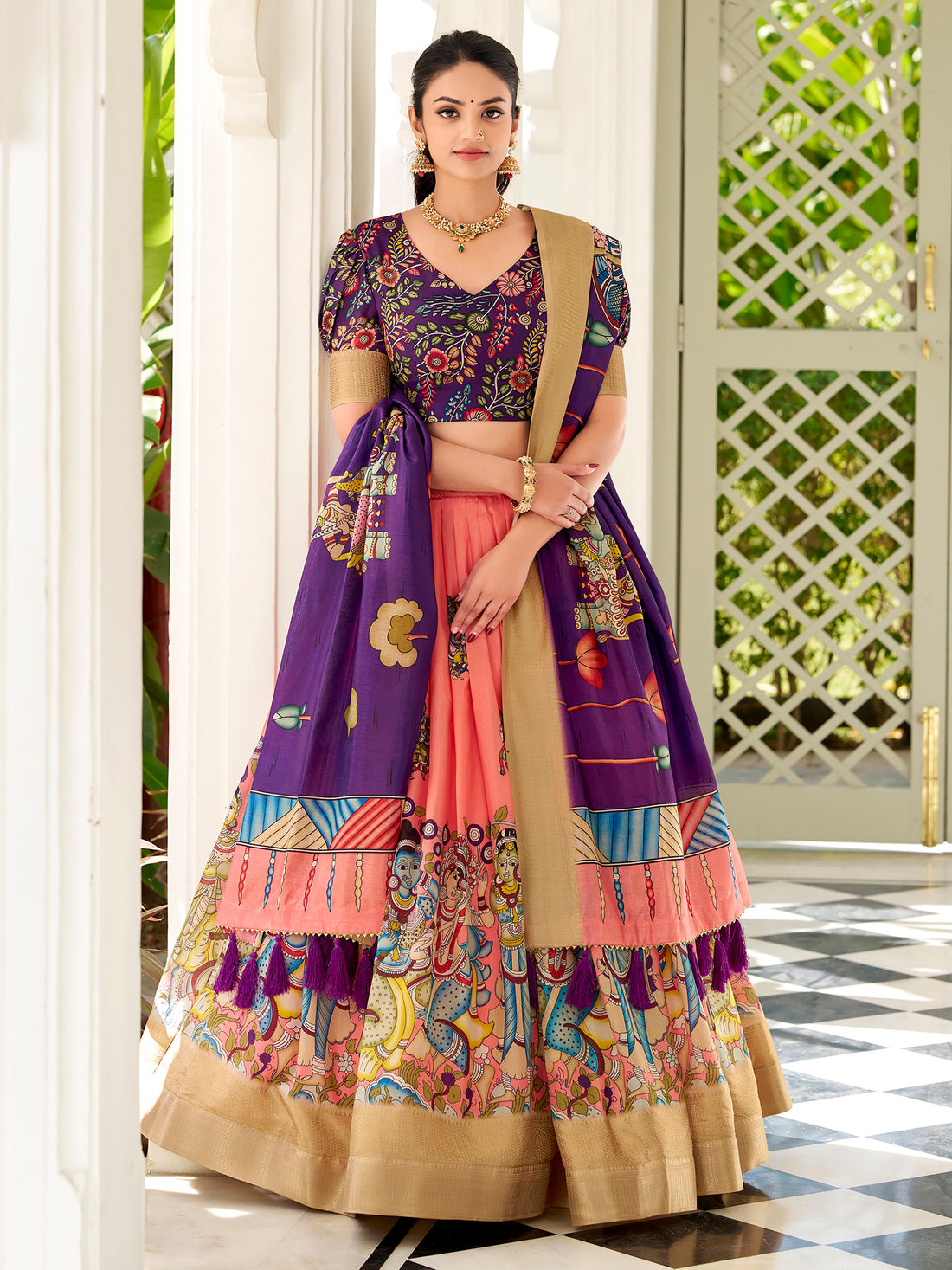 Special Peach Kalamkari Printed Silk Festival Wear Lehenga Choli