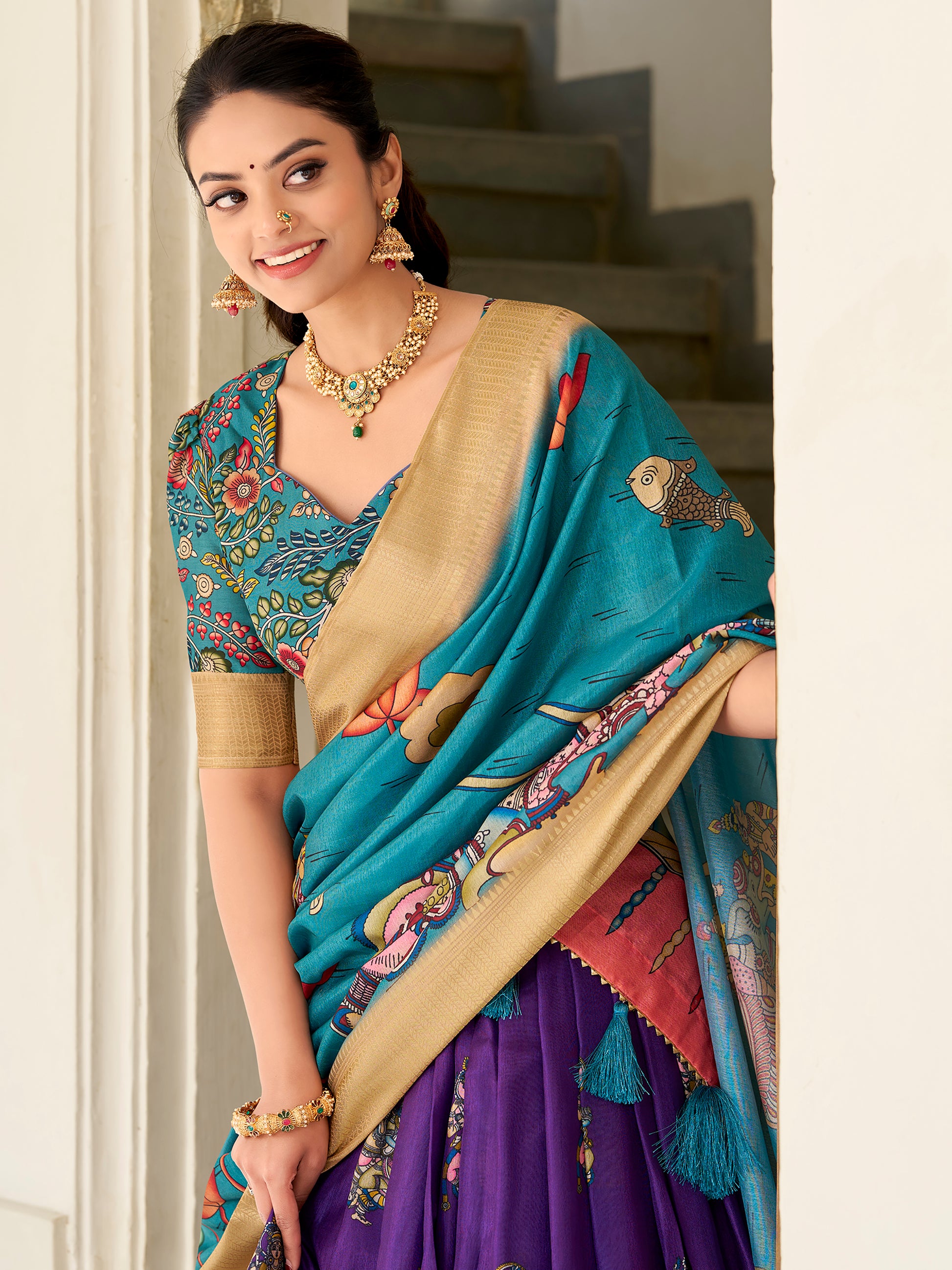 Charming Purple Kalamkari Printed Dola Silk Lehenga Choli