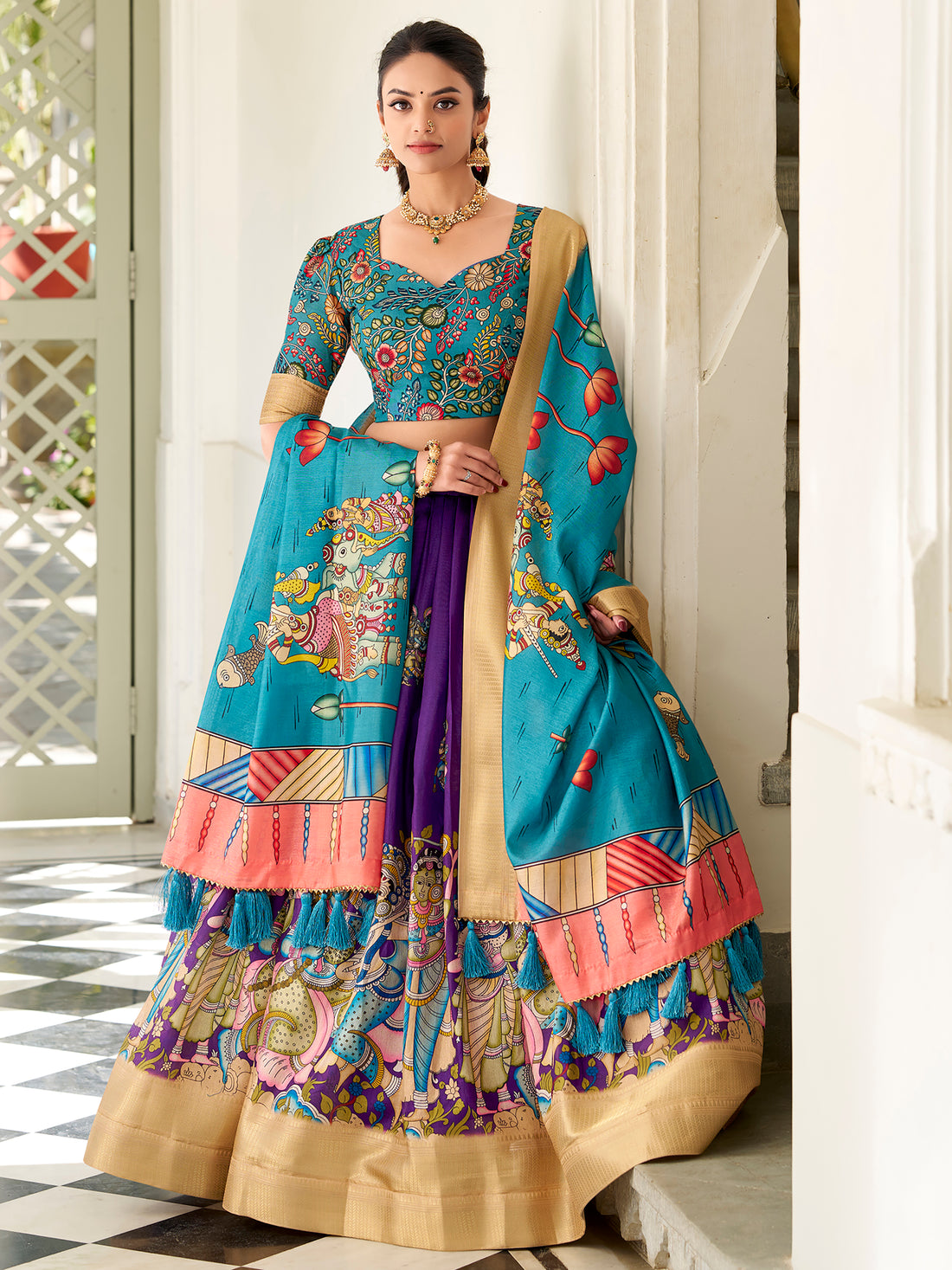Charming Purple Kalamkari Printed Dola Silk Lehenga Choli