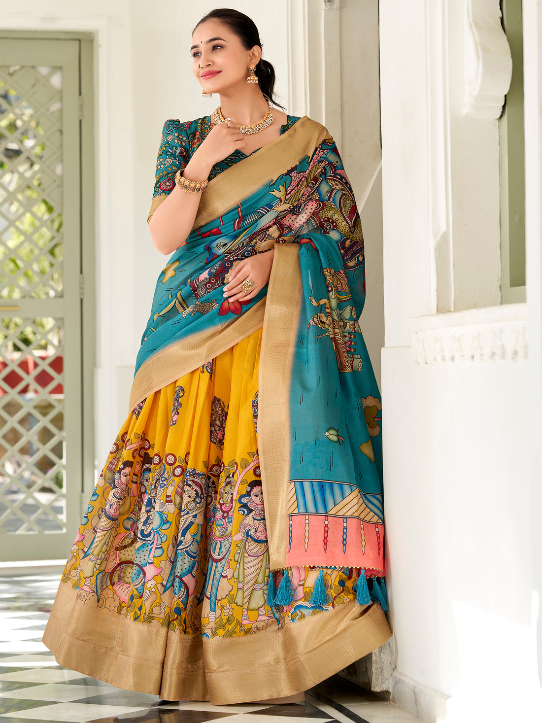 Glorious Yellow Kalamkari Printed Silk Lehenga Choli With Dupatta