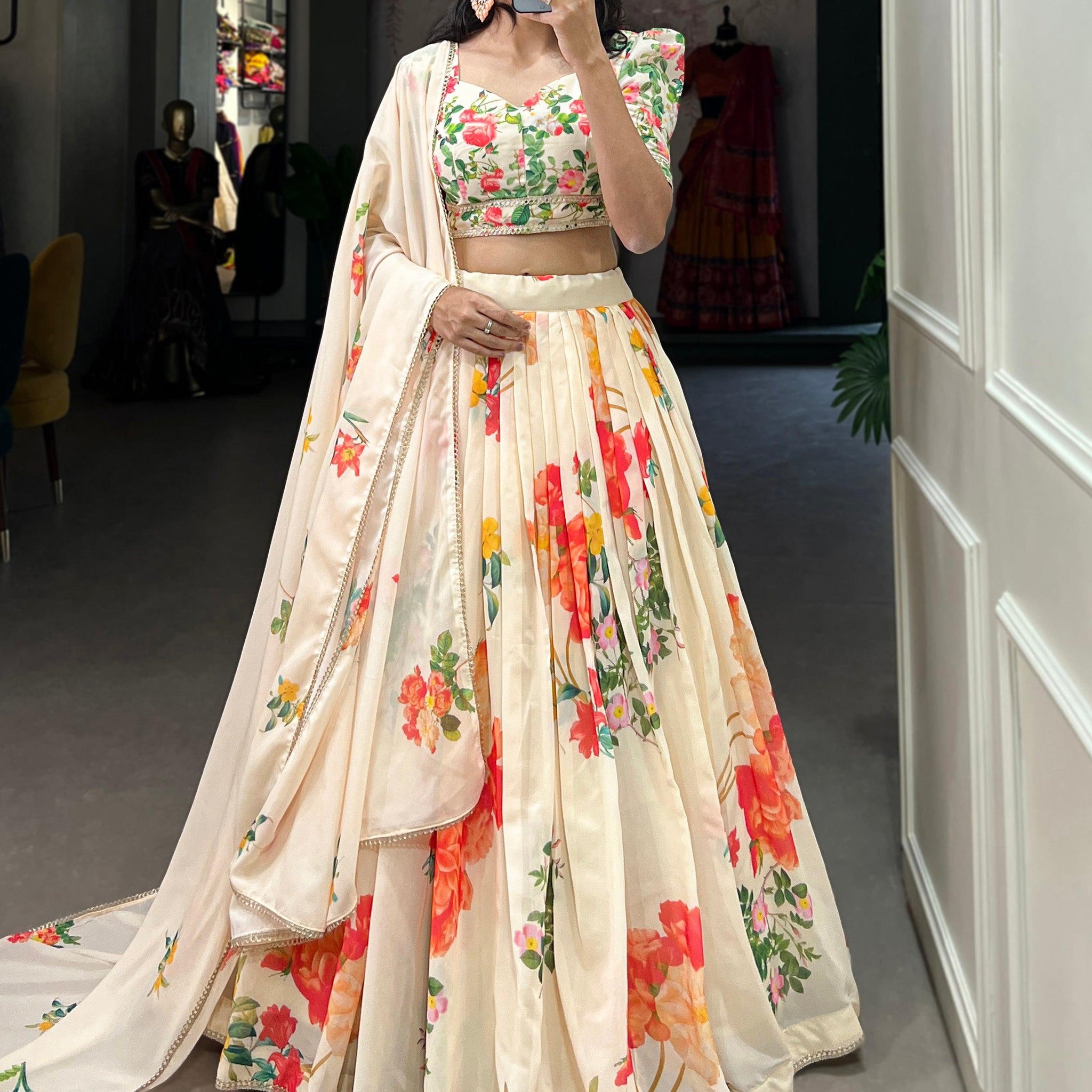 Attractive Cream Floral Printed Georgette Festival Wear Lehenga Choli