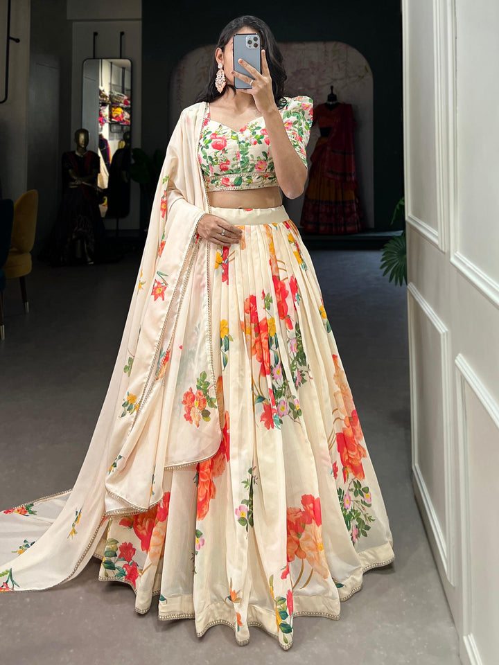 Attractive Cream Floral Printed Georgette Festival Wear Lehenga Choli