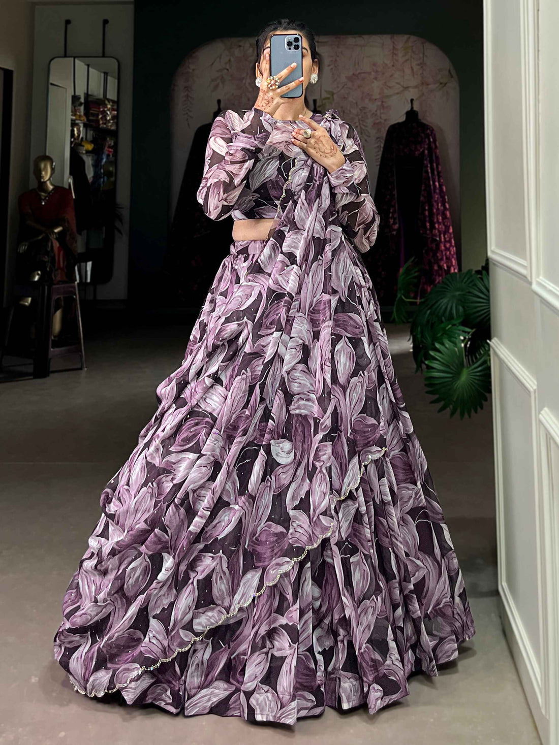 Magnetic Purple Digital Printed Silk Lehenga Choli With Dupatta