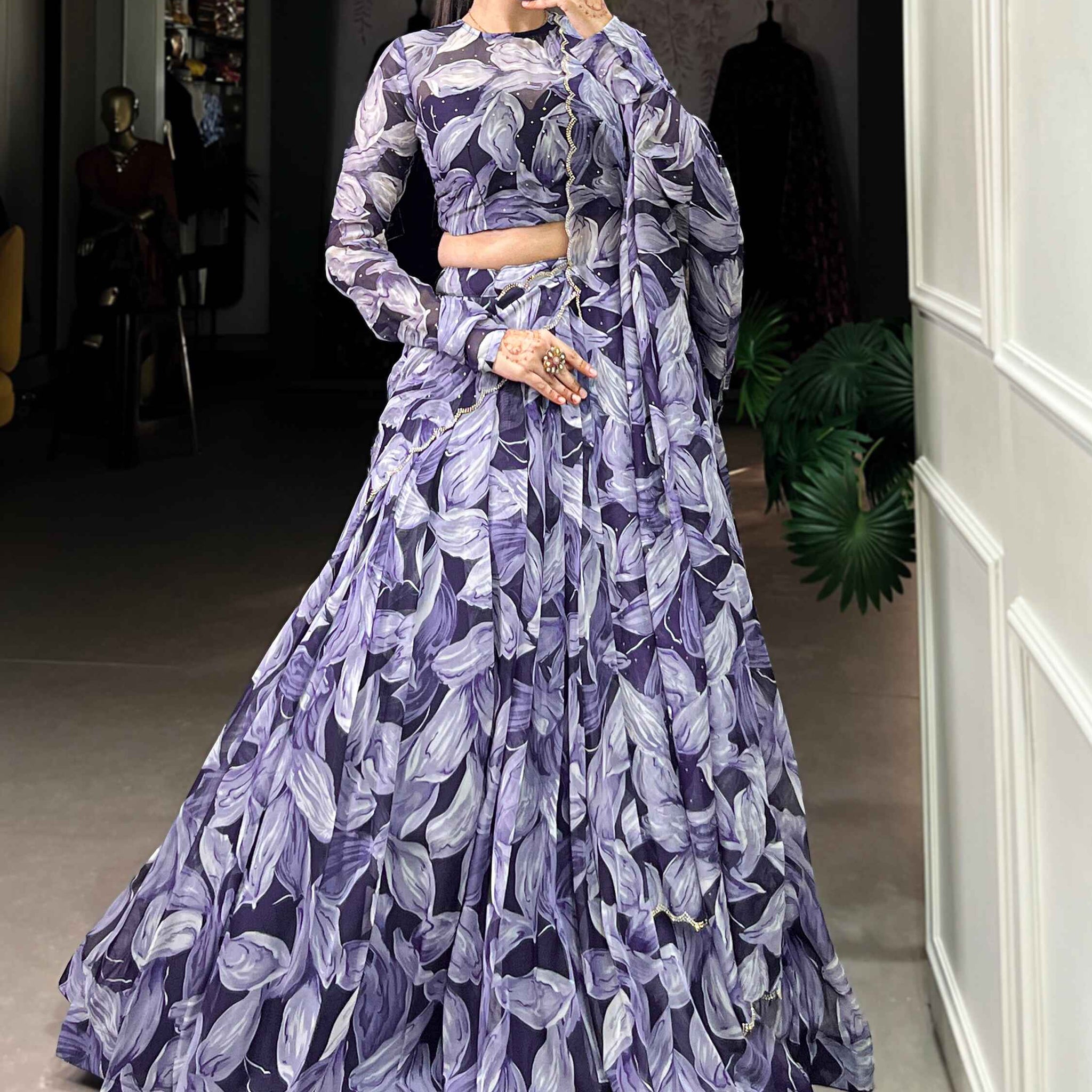 Glamorous Navy Blue Digital Printed Silk Festival Wear Lehenga Choli