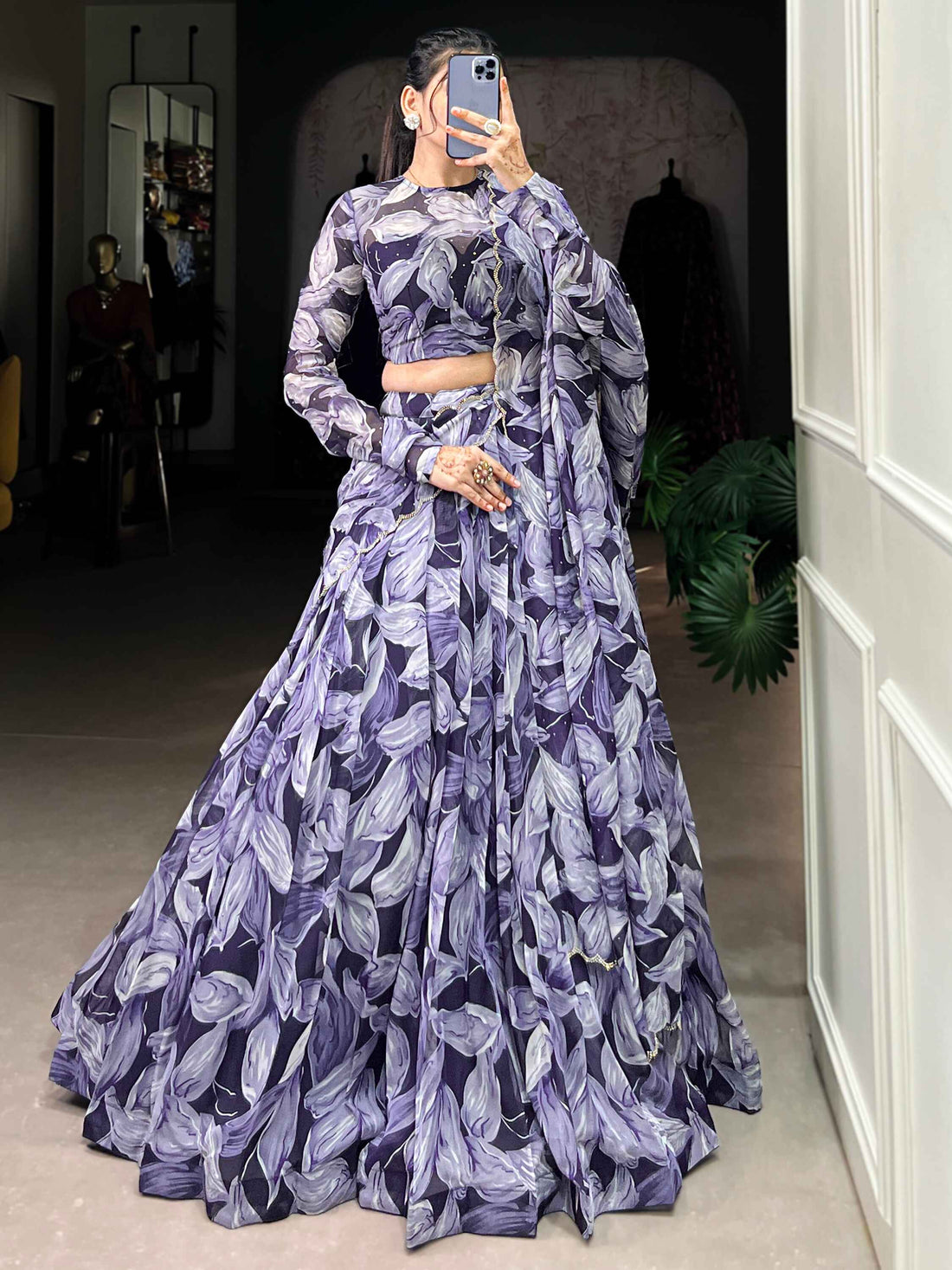Glamorous Navy Blue Digital Printed Silk Festival Wear Lehenga Choli