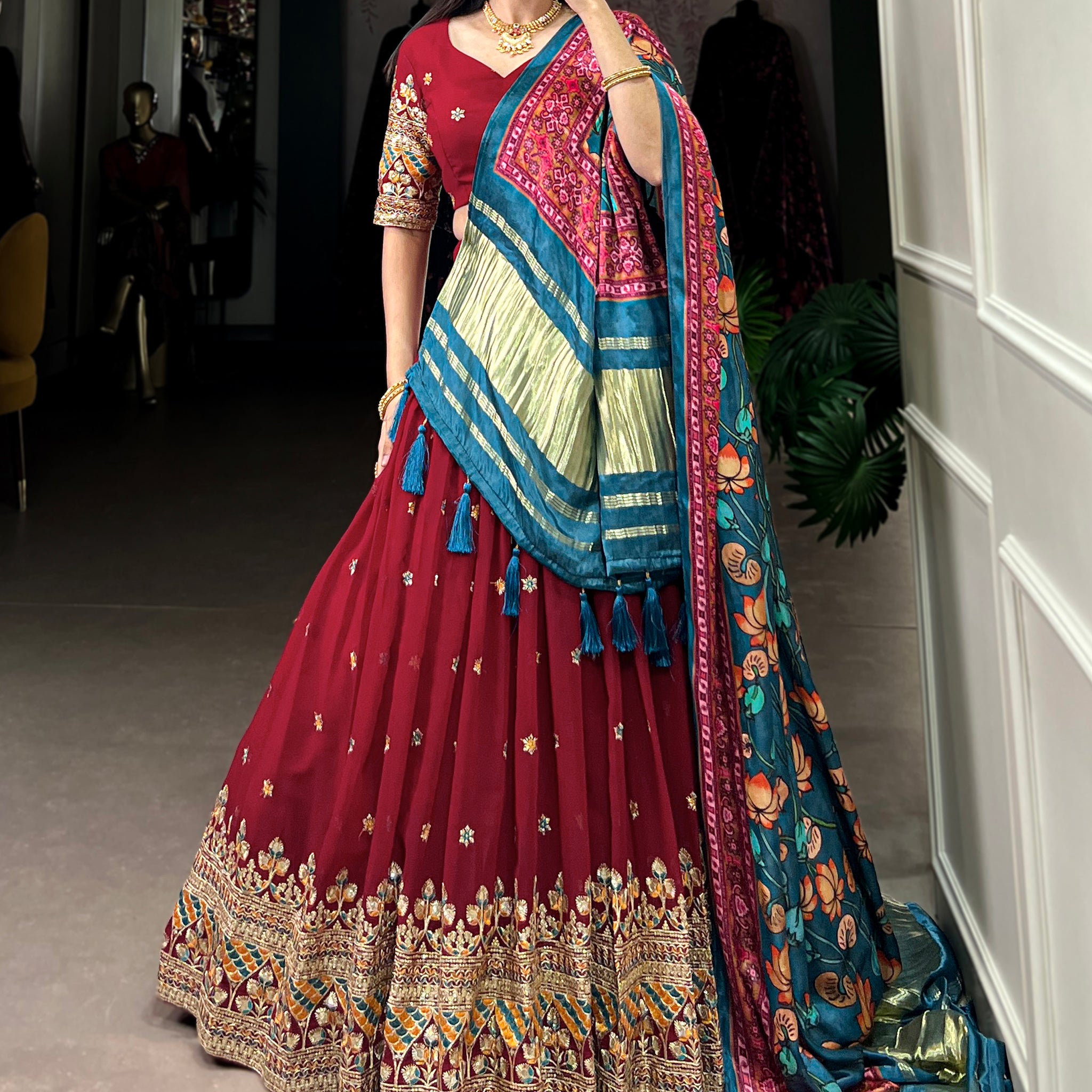 Attractive Maroon Thread Work Georgette Wedding Wear Lehenga Choli