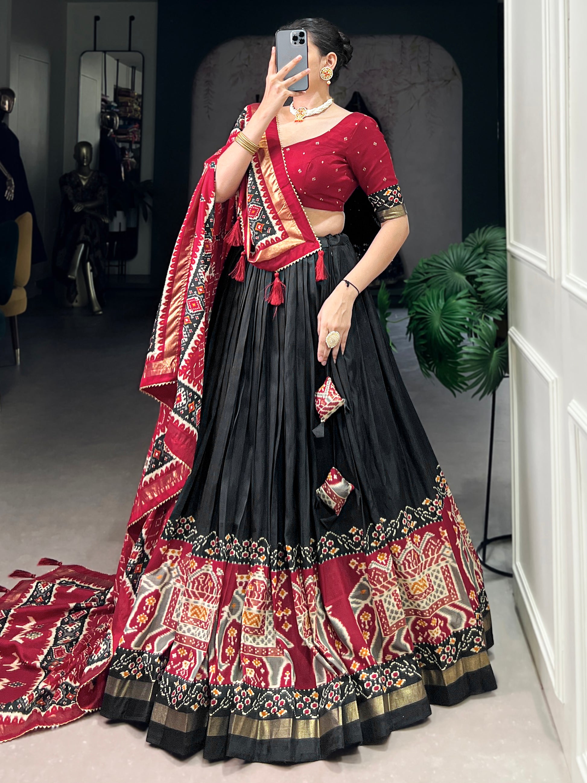 Stunning Black Patola Printed Silk Lehenga Choli With Dupatta