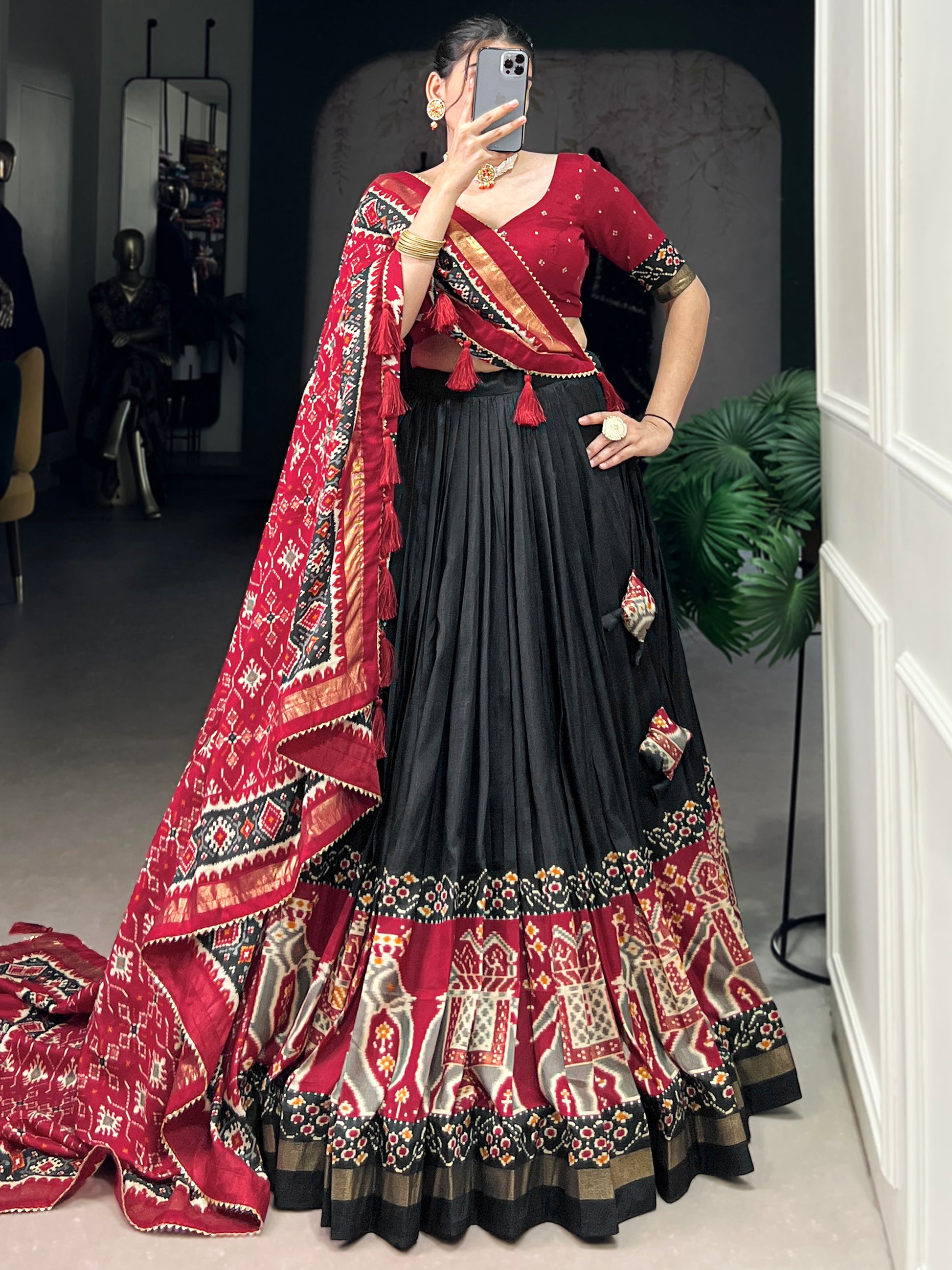 Stunning Black Patola Printed Silk Lehenga Choli With Dupatta