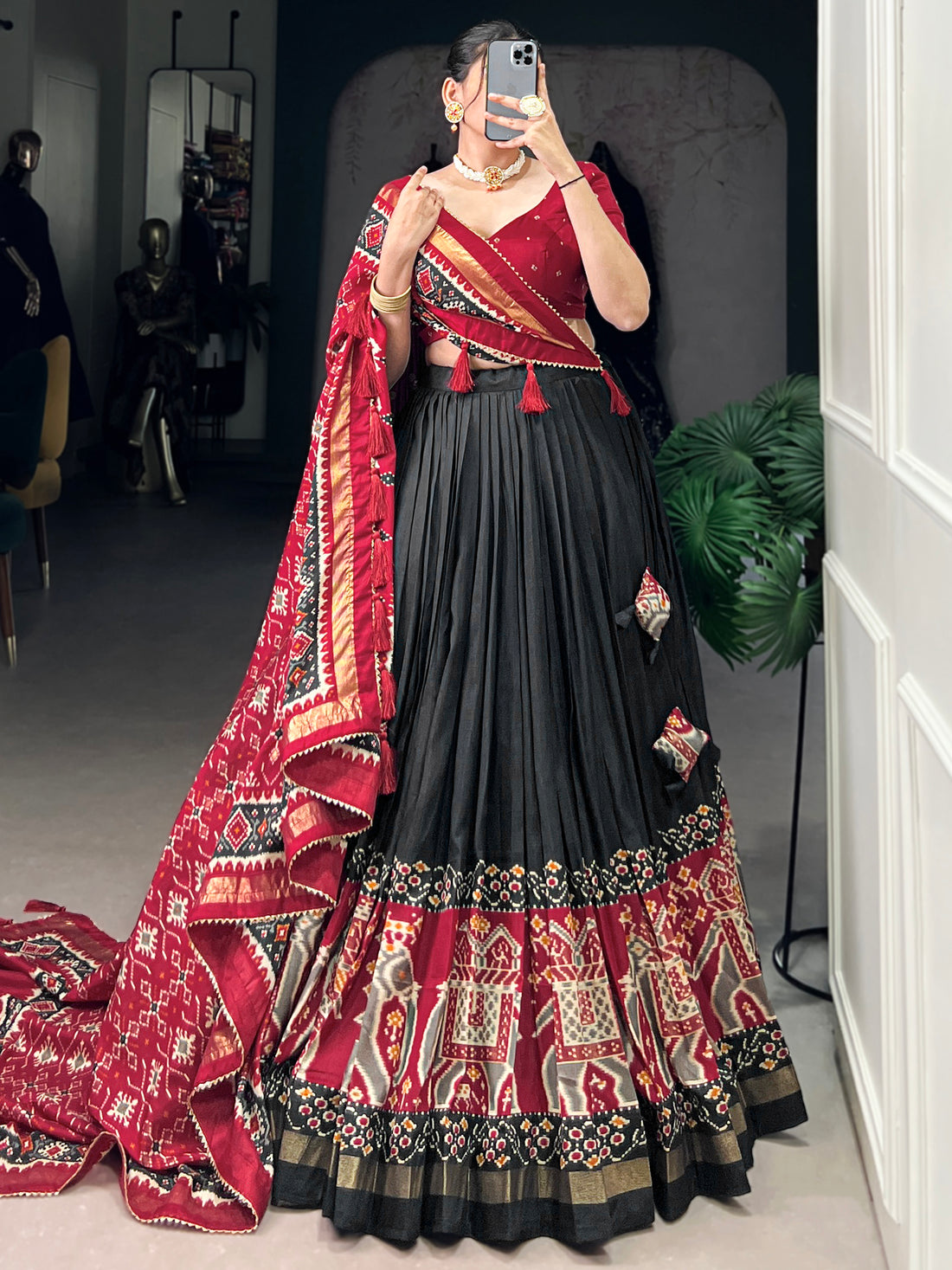 Stunning Black Patola Printed Silk Lehenga Choli With Dupatta