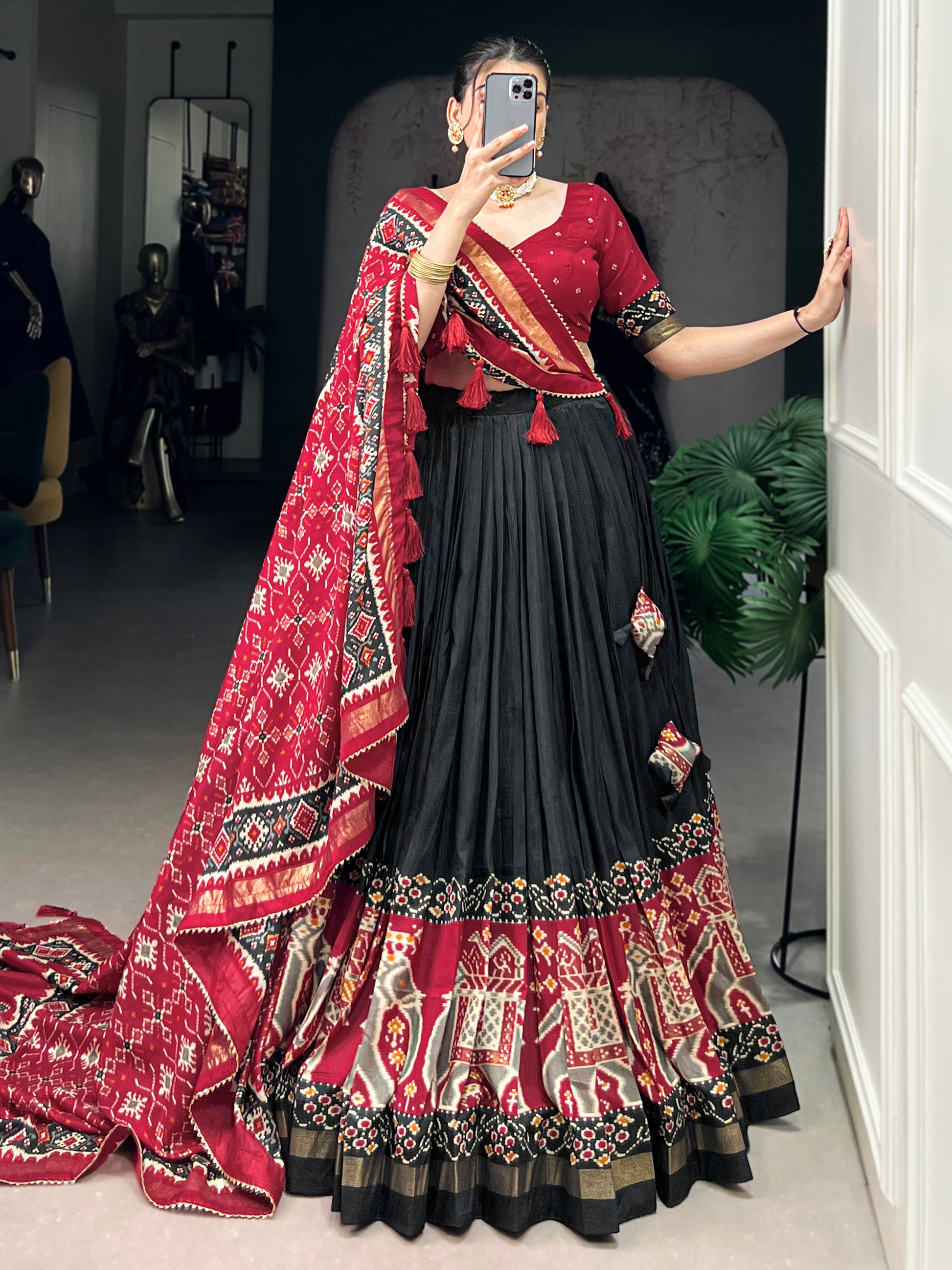Stunning Black Patola Printed Silk Lehenga Choli With Dupatta