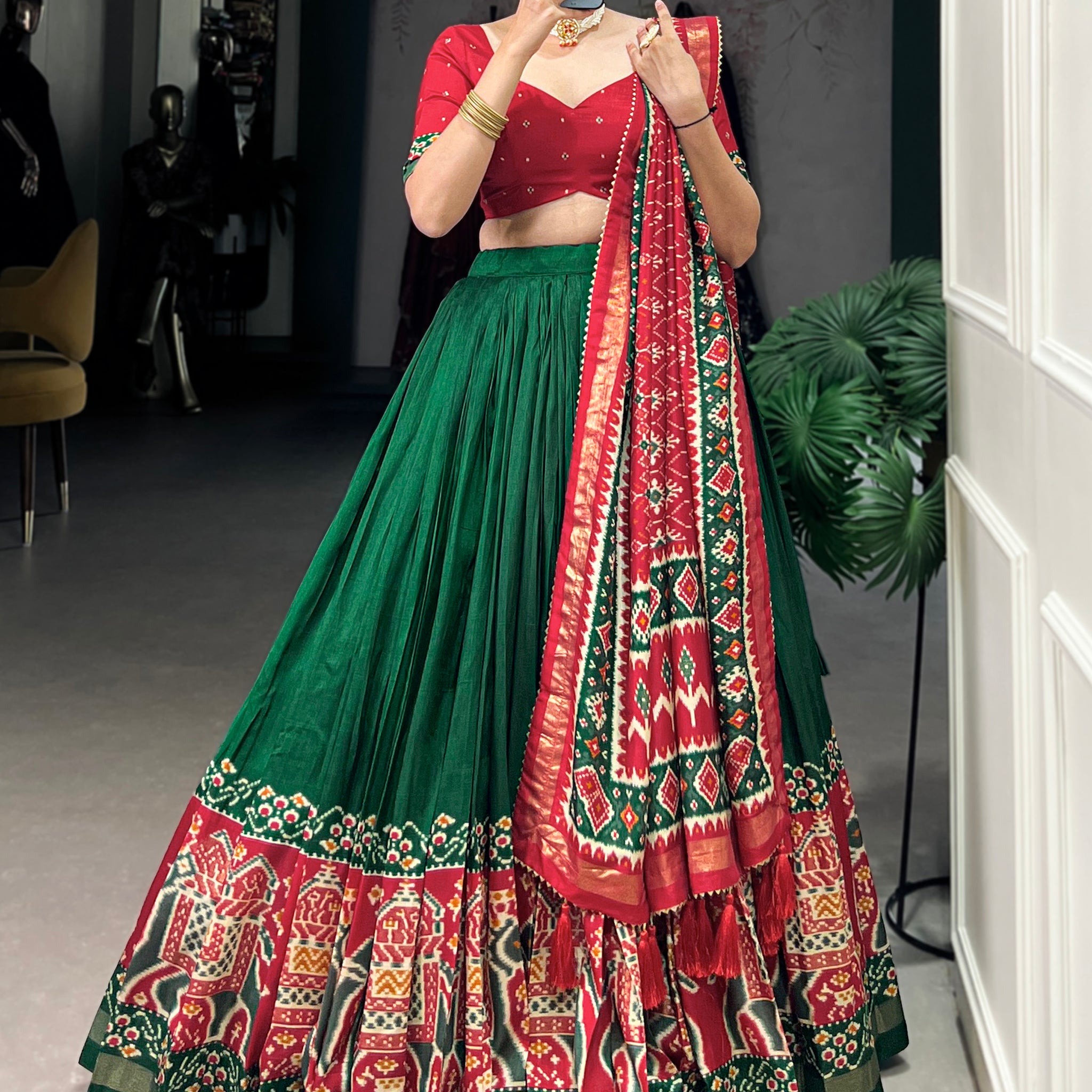 Astonishing Green Patola Printed Tussar Silk Traditional Lehenga Choli