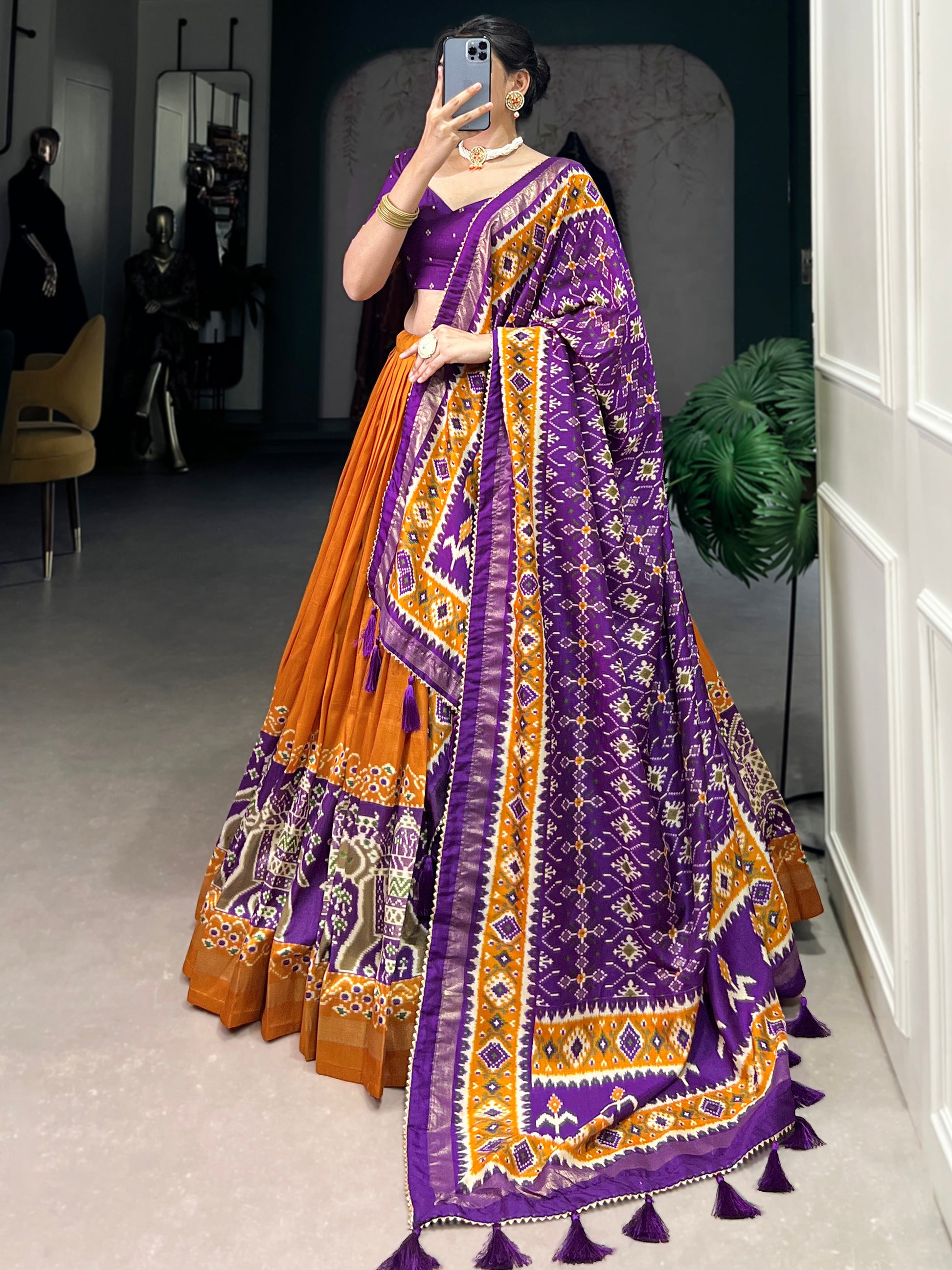 Glamorous Mustard Yellow Patola Printed Tussar Silk Lehenga Choli