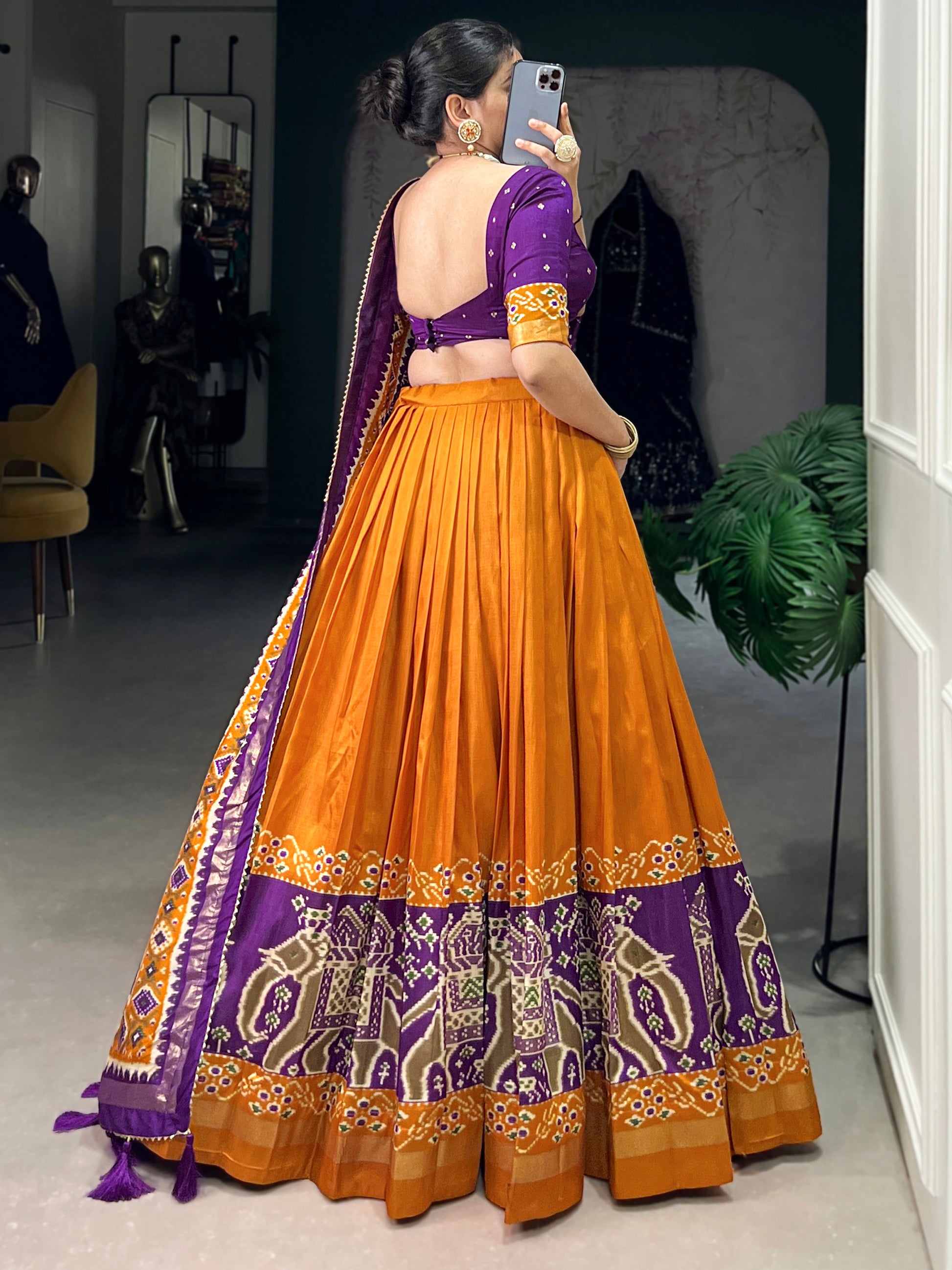 Glamorous Mustard Yellow Patola Printed Tussar Silk Lehenga Choli