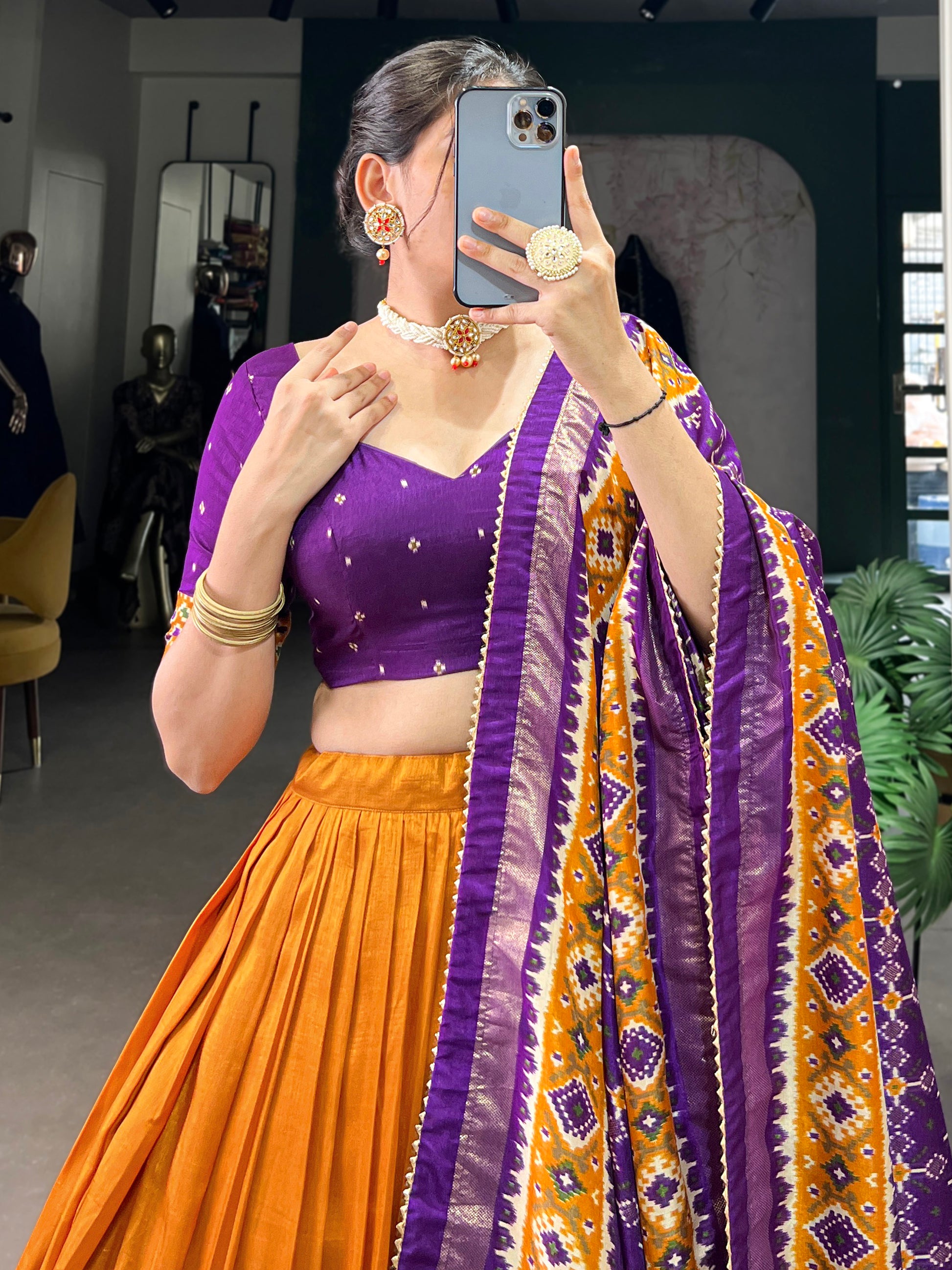 Glamorous Mustard Yellow Patola Printed Tussar Silk Lehenga Choli