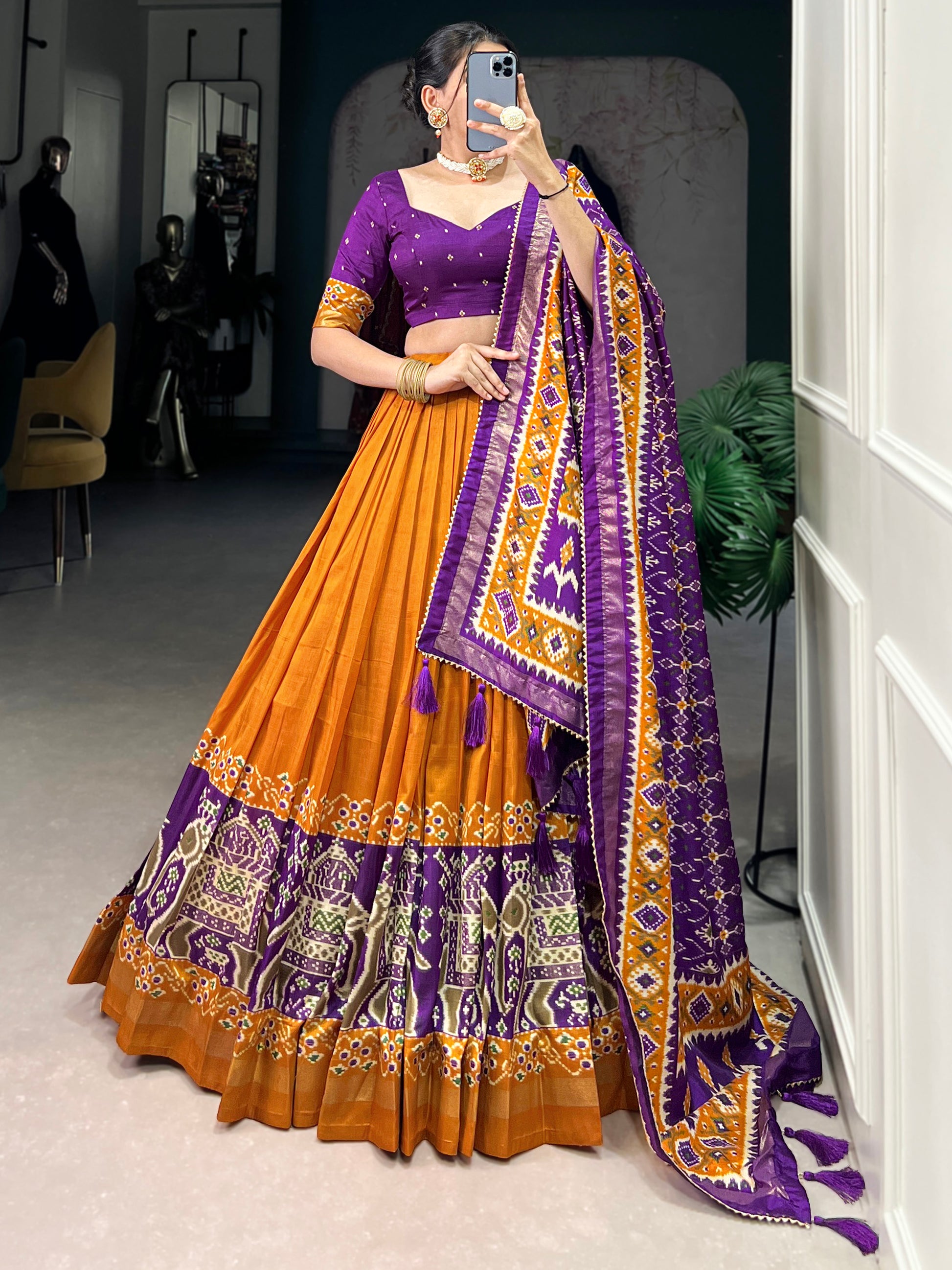 Glamorous Mustard Yellow Patola Printed Tussar Silk Lehenga Choli
