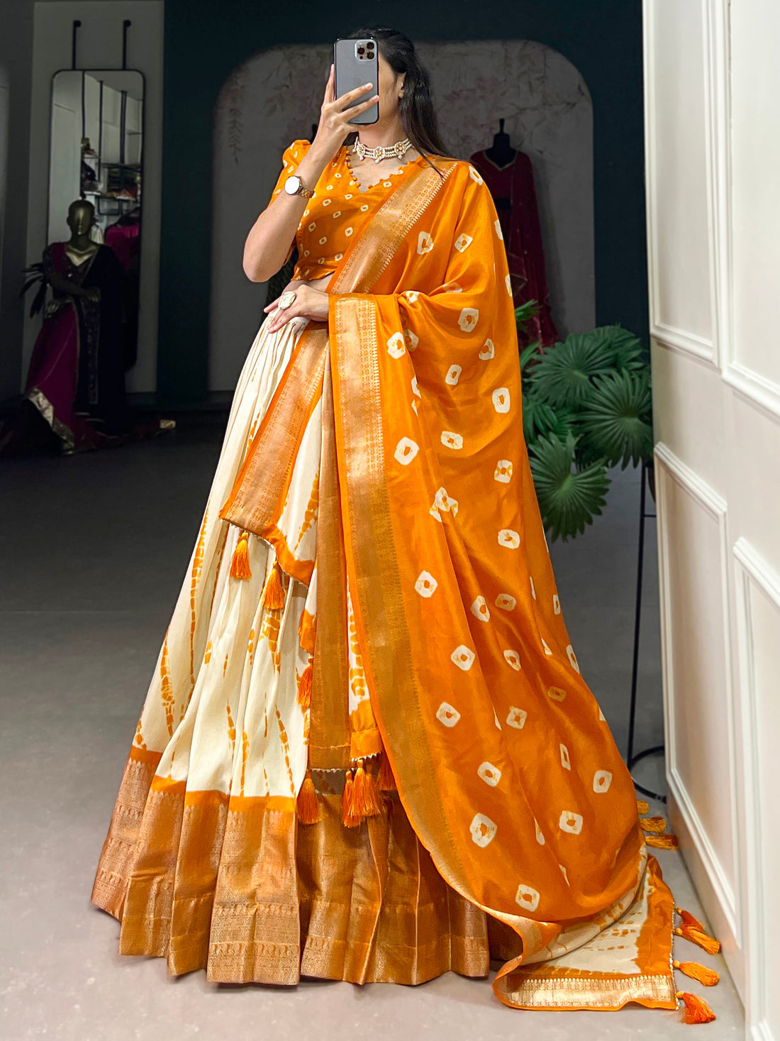 Pretty Mustard Yellow Shibori Printed Silk Haldi Wear Lehenga Choli
