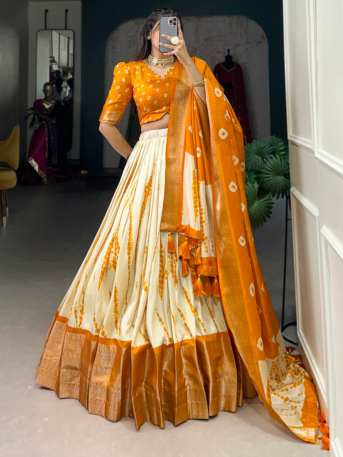 Pretty Mustard Yellow Shibori Printed Silk Haldi Wear Lehenga Choli