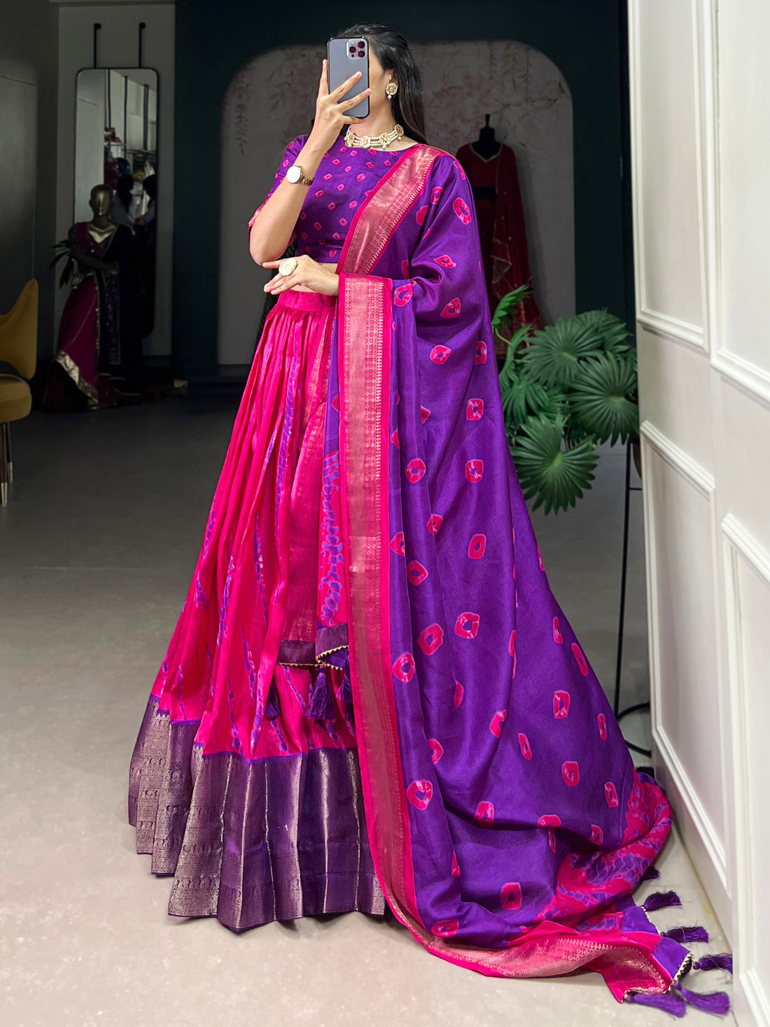Spectacular Purple Shibori Printed Dola Silk Lehenga Choli With Dupatta