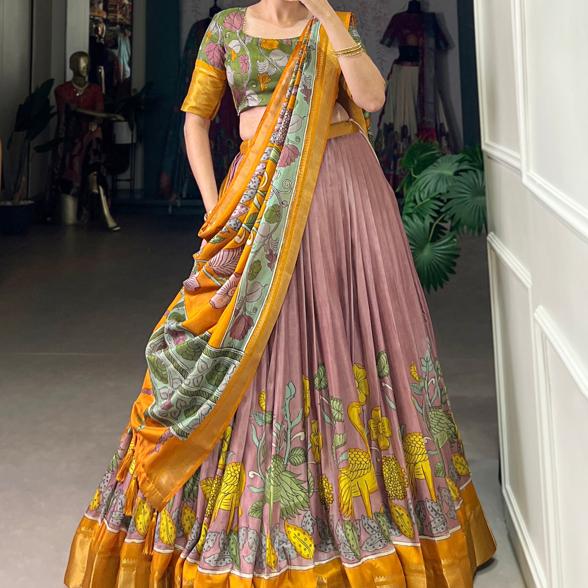 Eye-Catching Lilac Printed Silk Festival Wear Lehenga Choli With Dupatta
