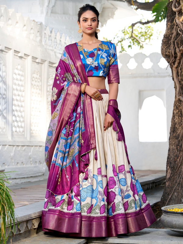 Wonderful Off-White Kalamkari Printed Silk Navratri Wear Lehenga Choli