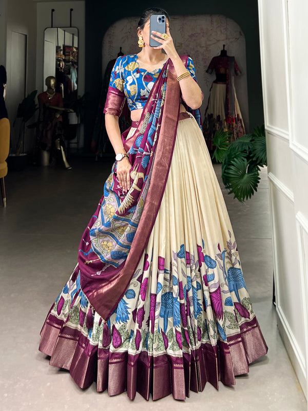 Amazing Off-White Kalamkari Printed Silk Traditional Lehenga Choli