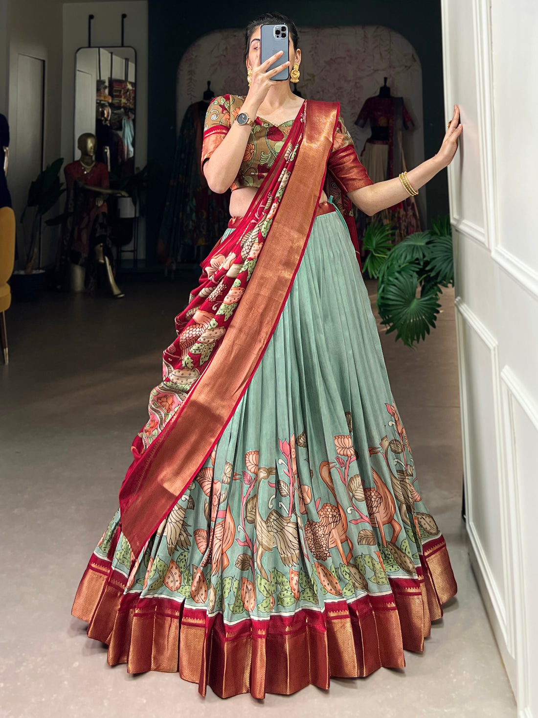 Fantastic Sea Green Kalamkari Printed Silk Festival Wear Lehenga Choli