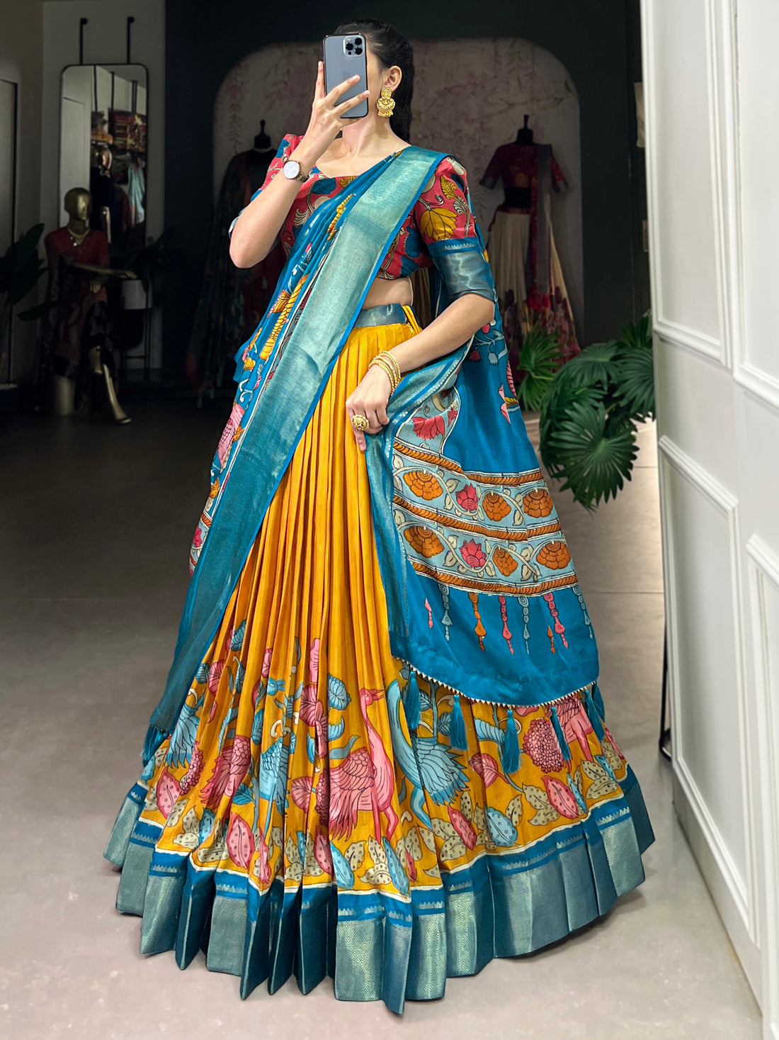 Awesome Mustard Yellow Printed Silk Onam Special Lehenga Choli