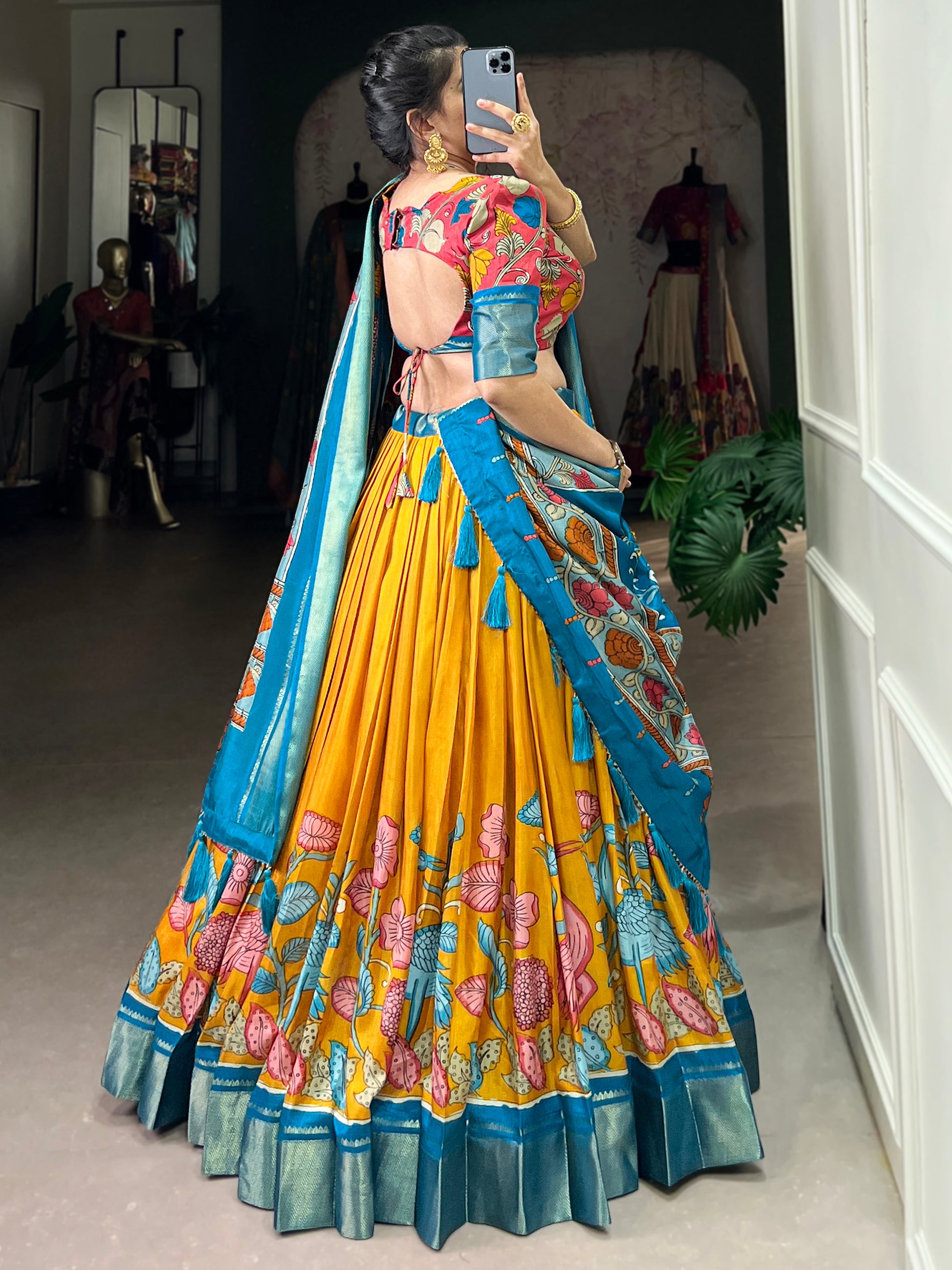 Awesome Mustard Yellow Printed Silk Onam Special Lehenga Choli