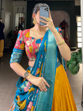 Awesome Mustard Yellow Printed Silk Onam Special Lehenga Choli