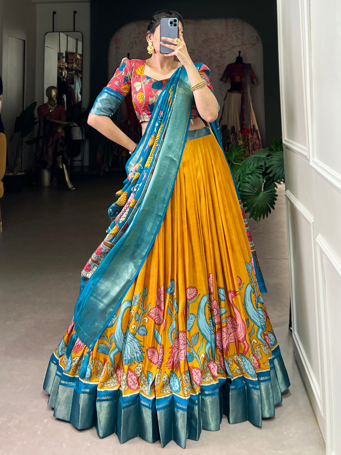 Awesome Mustard Yellow Printed Silk Onam Special Lehenga Choli