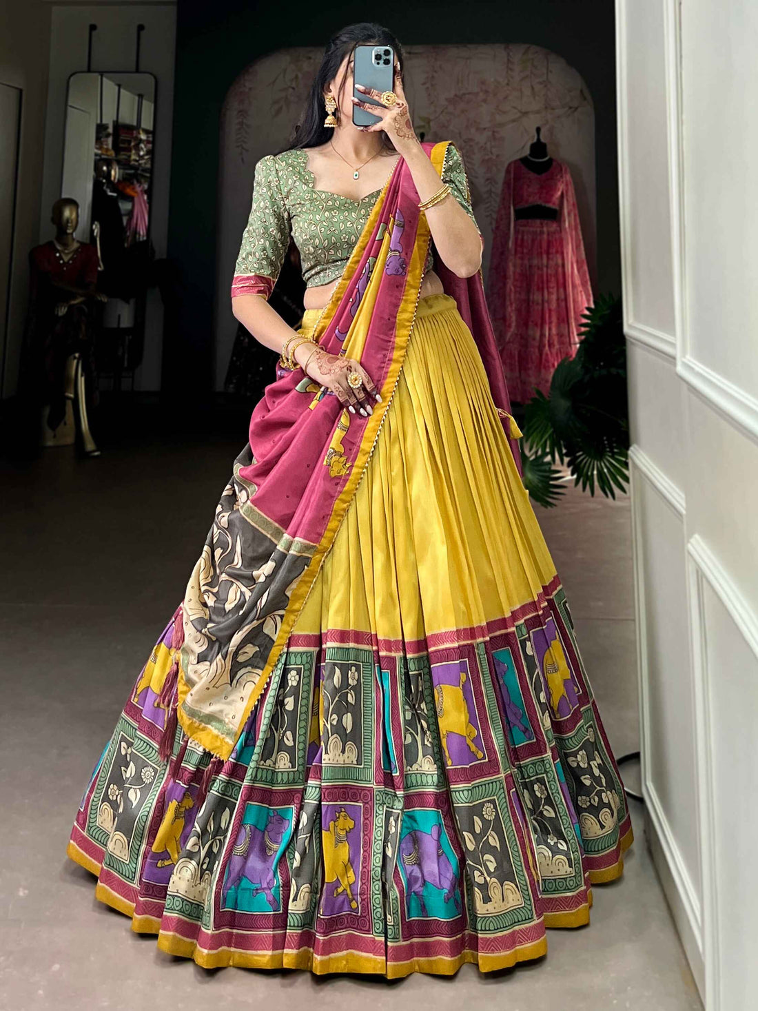 Precious Yellow Kalamkari Print Silk Haldi Wear Lehenga Choli