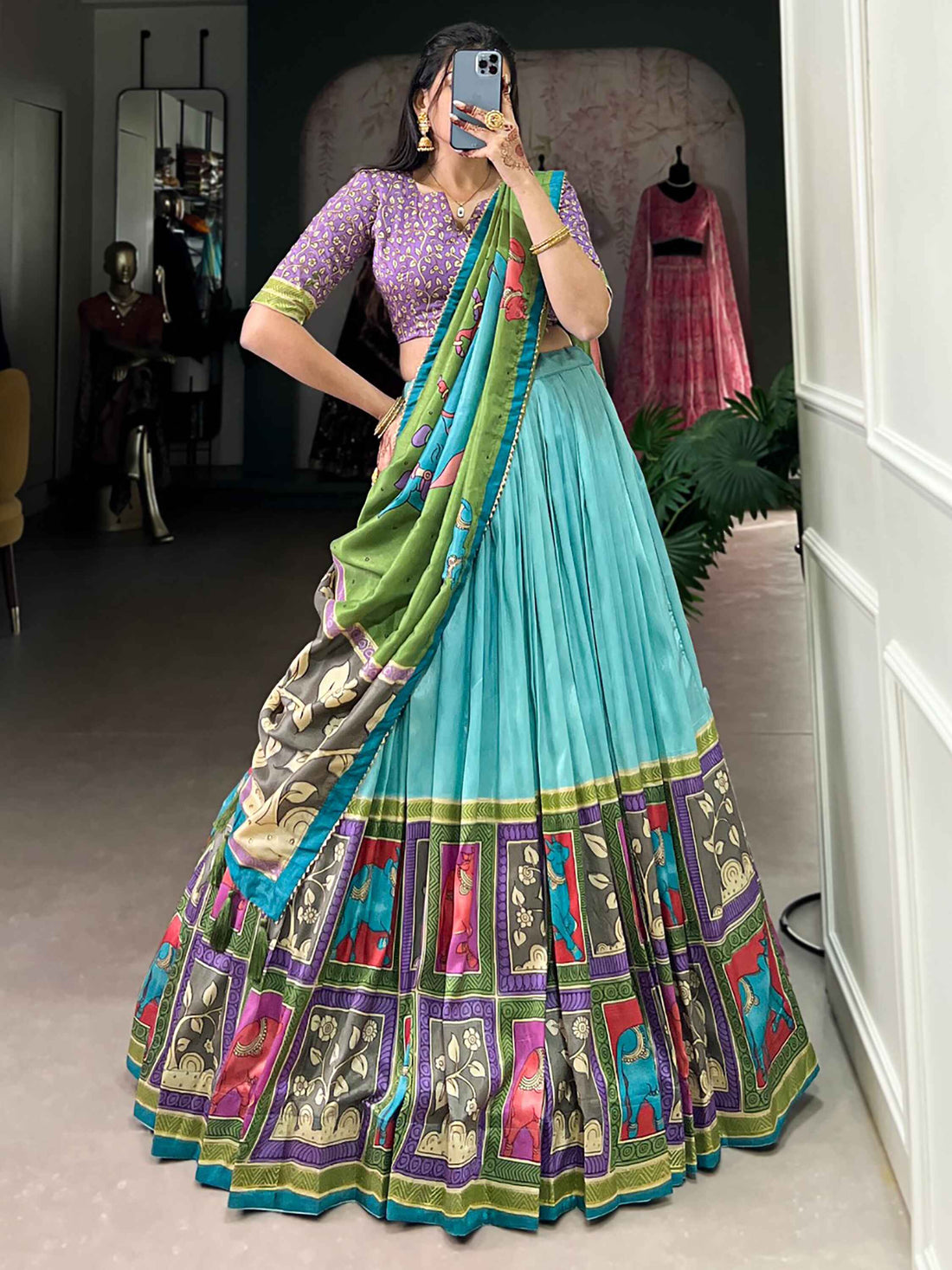 Amazing Sea Green Kalamkari Print Silk Festival Wear Lehenga Choli