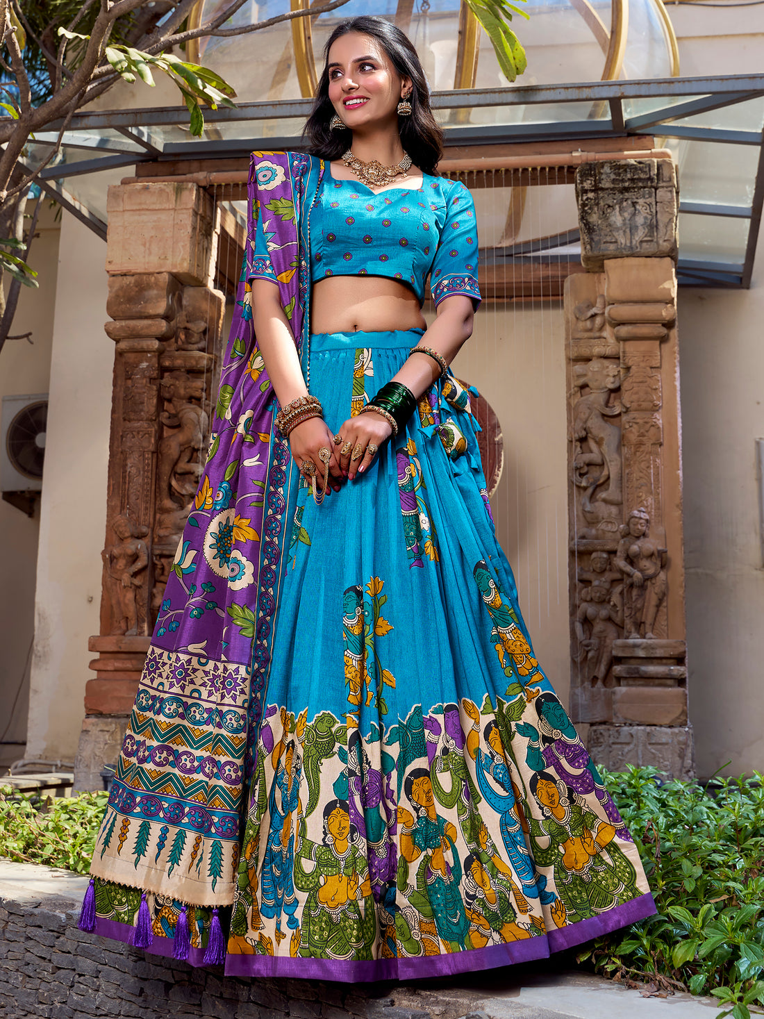 Enchanting Sky-Blue Kalamkari Printed Tussar Silk Lehenga Choli