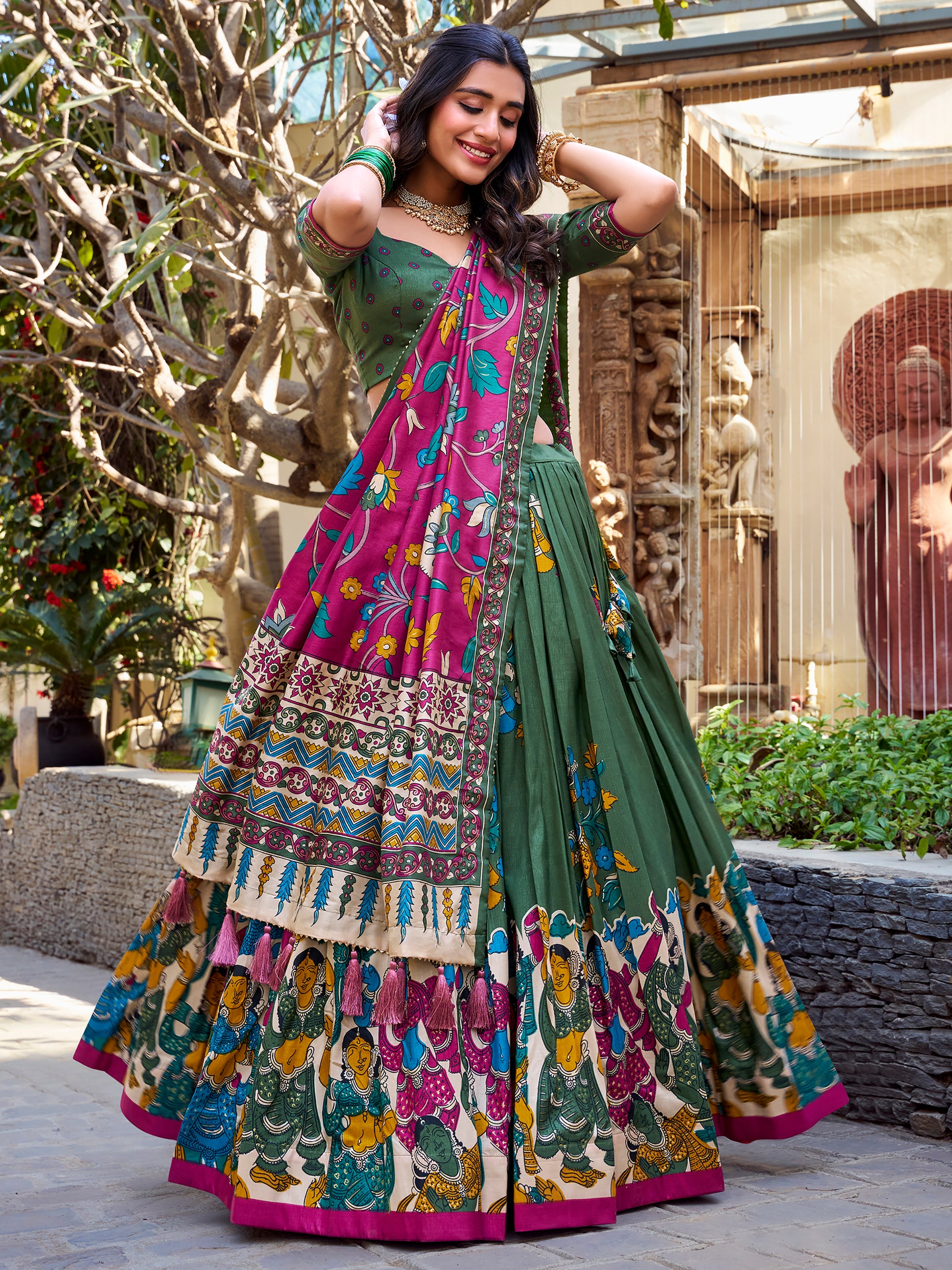 Lovely Green Kalamkari Printed Silk Navratri Wear Lehenga Choli