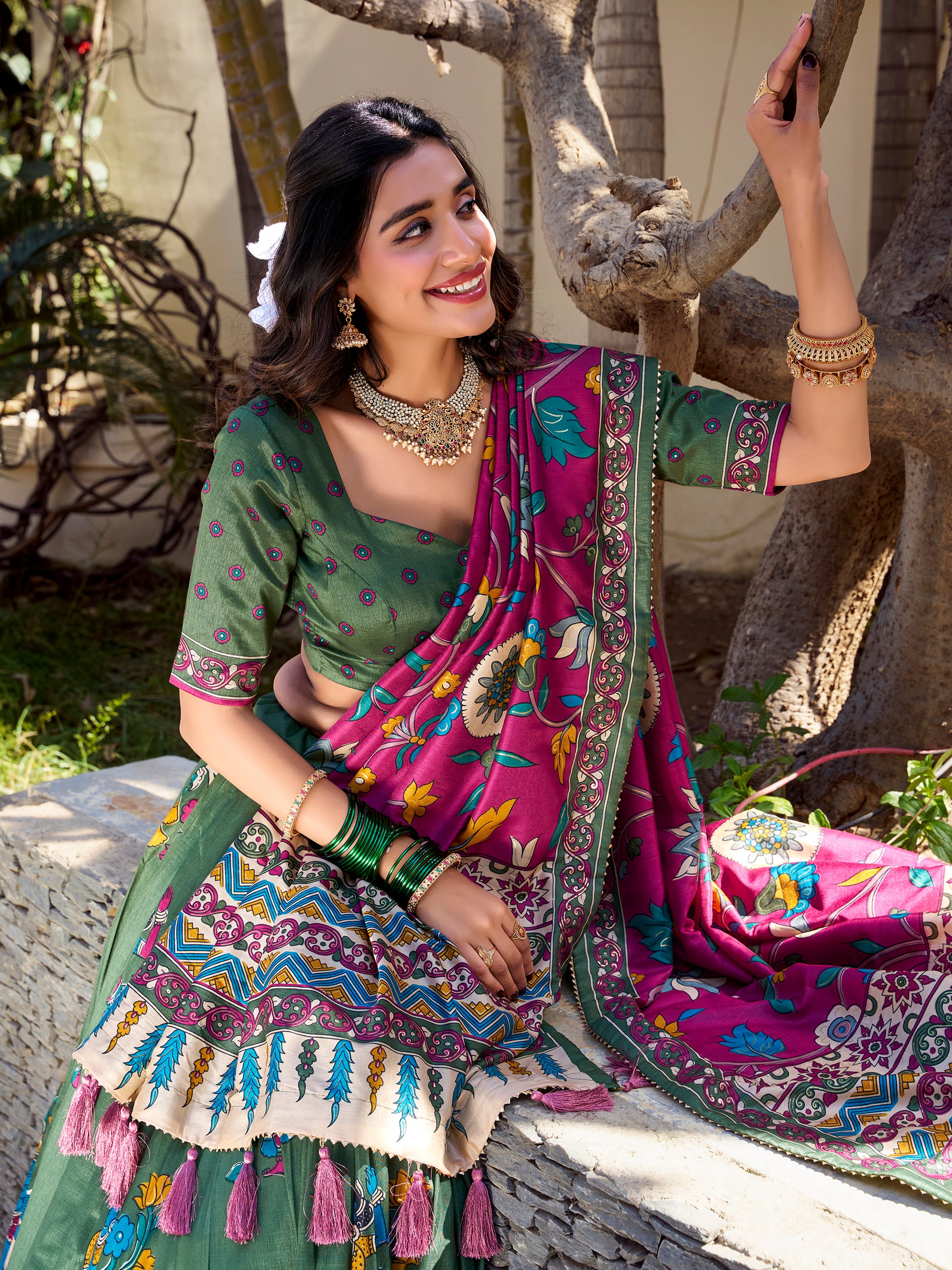 Lovely Green Kalamkari Printed Silk Navratri Wear Lehenga Choli