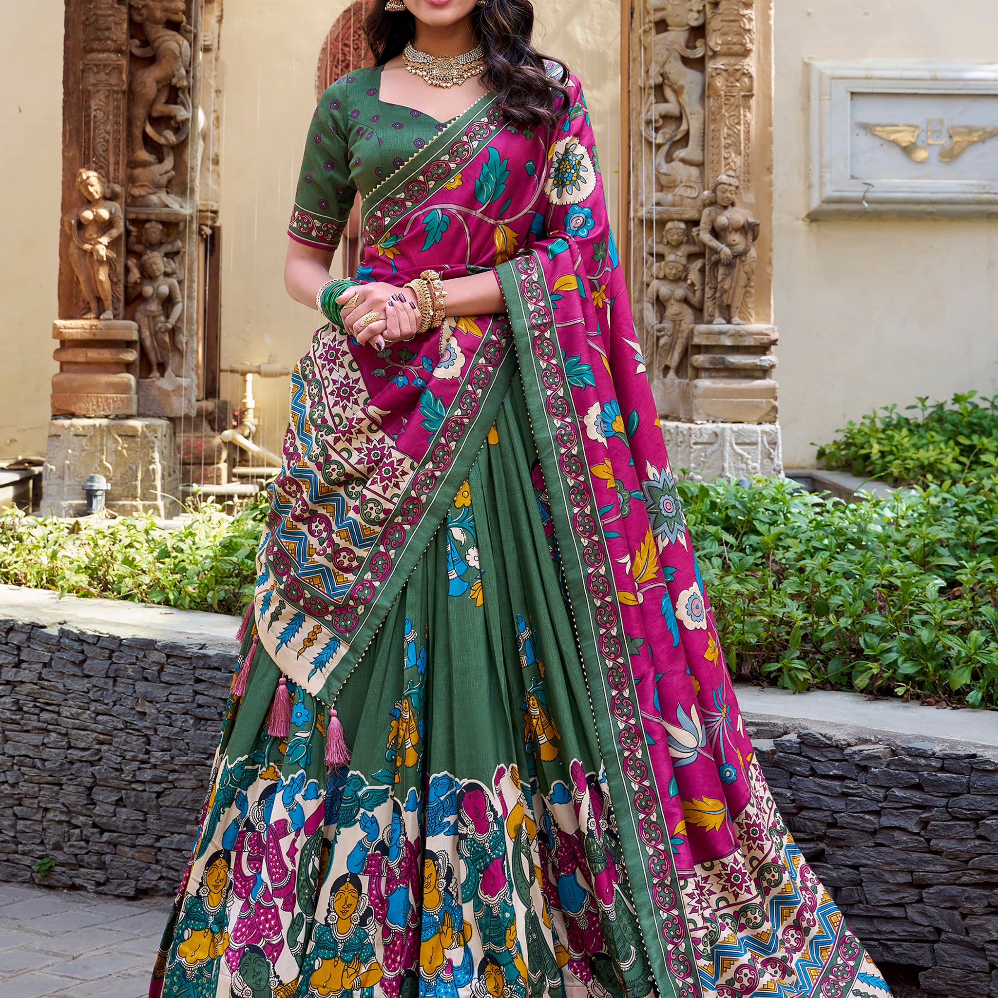 Lovely Green Kalamkari Printed Silk Navratri Wear Lehenga Choli