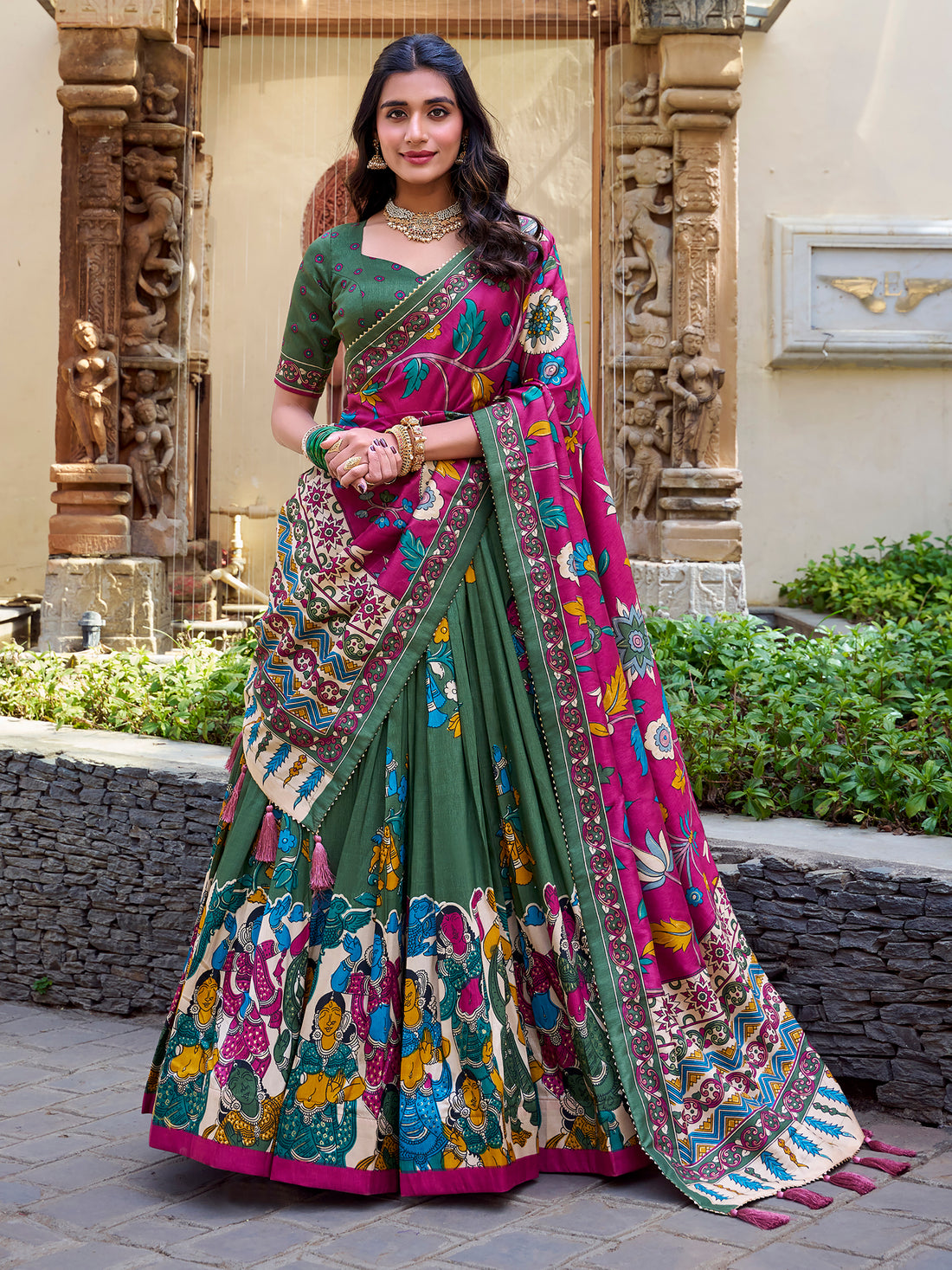 Lovely Green Kalamkari Printed Silk Navratri Wear Lehenga Choli